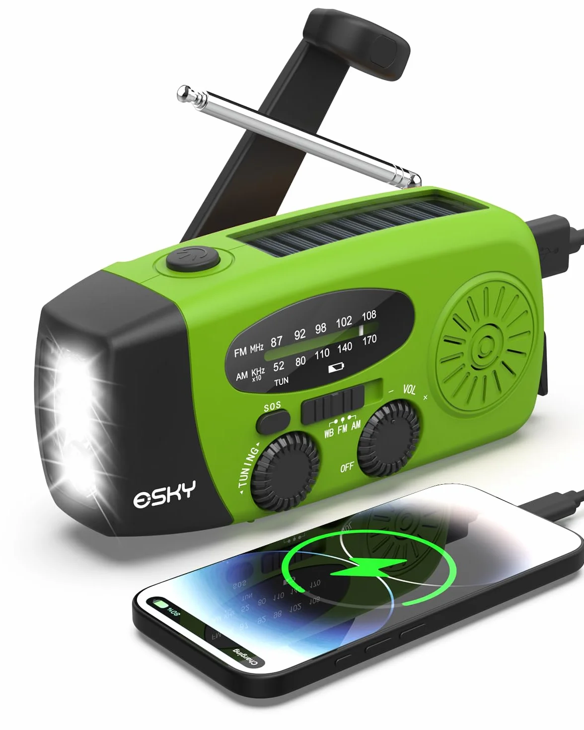 Radio solarne, Esky radio korbowe AM/FM, wodoszczelne, przenośne radio SOS, alarm alarmowy, radio awaryjne z powerbankiem LED, latarka LED, 260 g, ultra przenośne radio awaryjne na wędrówki (zielone)