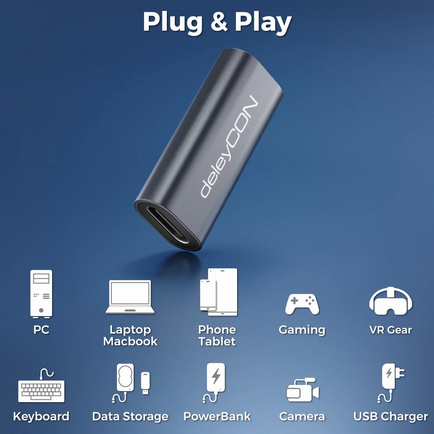 deleyCON Złączka USB-C 40 Gbps, 240 W, 8K60Hz, USB 4.0 - Aluminiowa Obudowa - Gniazdo do Gniazda - Przedłużenie Kabla USB-C, do ładowania i Danych, Smartfon, Tablet, MacBook, Notebook, PS5 itp.