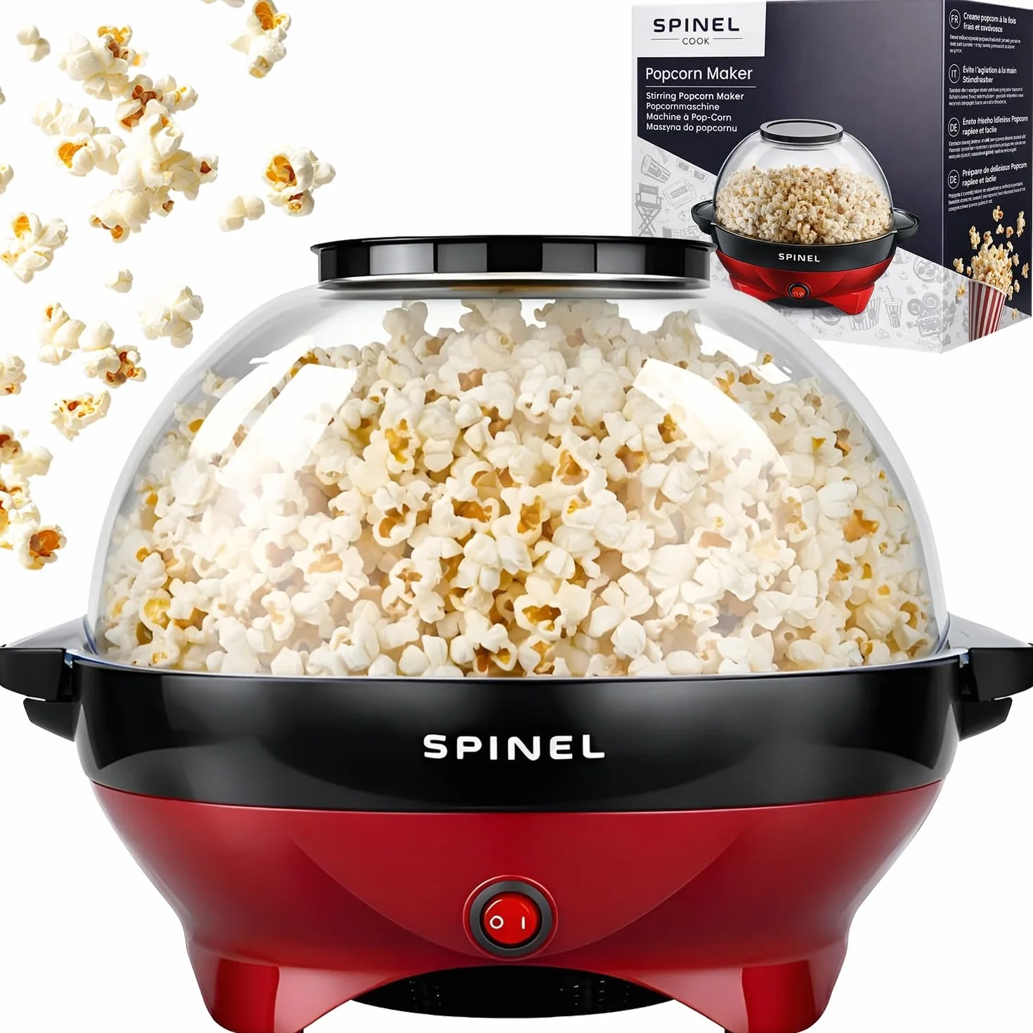 SPINEL Maszyna Do Robienia Popcornu, Urzędzenie do Popcornu z Cukrem, Olejem, Masłem o pojemności 5,5 l, Powłoka Nieprzywierająca, Zdejmowana Płyta, Cicha i Szybka