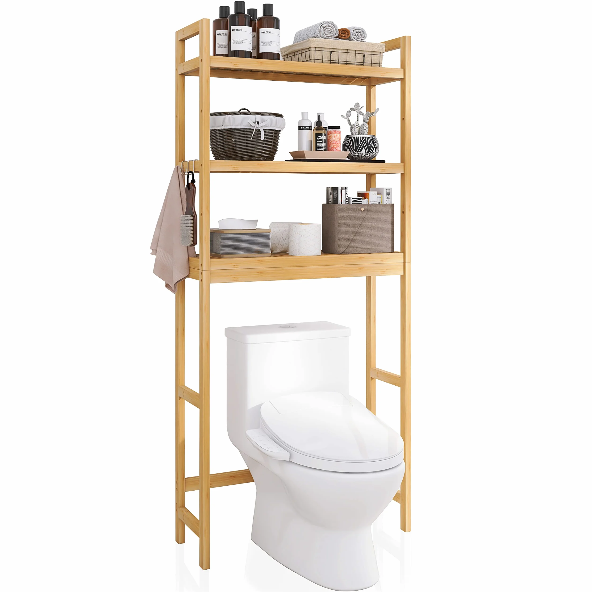 SMIBUY Regał łazienkowy, bambusowy stojak na toalety, wolnostojąca toaleta Space Saver z 3 poziomami półek (naturalny)