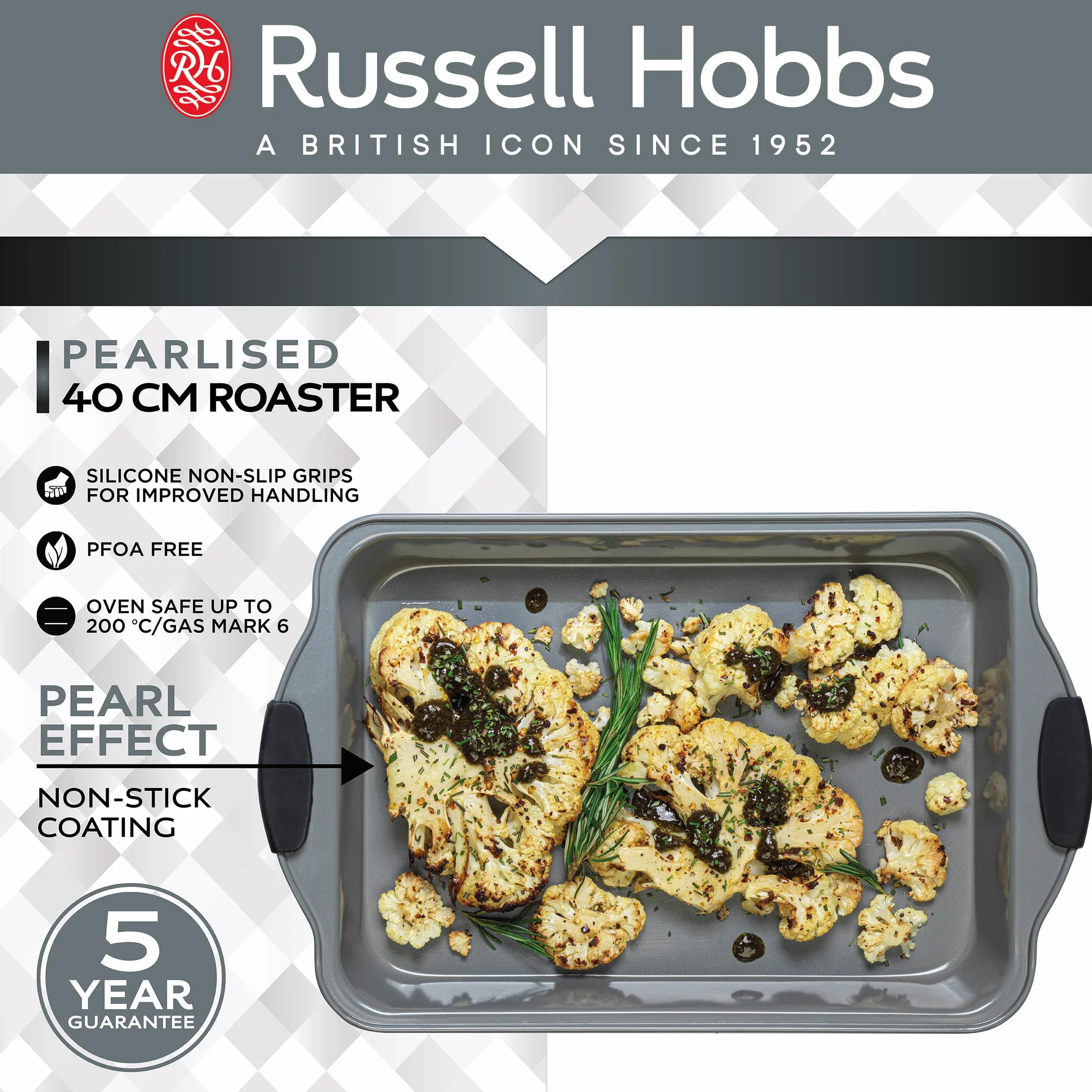 Russell Hobbs Pearlised Deep Roaster 40cm Non-Stick Carbon Steel Silicone Handles Matte Grey