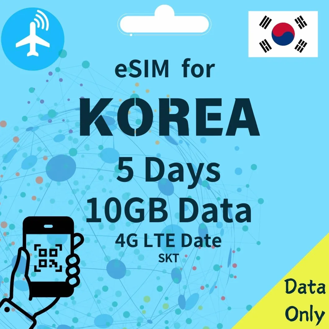 Korea eSIM 5 dni 3 GB/5 GB/10 GB | TYLKO dane | Szybkie dane, wiele sieci, łatwa aktywacja za pomocą kabla QR, tethering, brak połączeń głosowych/SMS, lokalne wsparcie. (10 GB | 5dni)