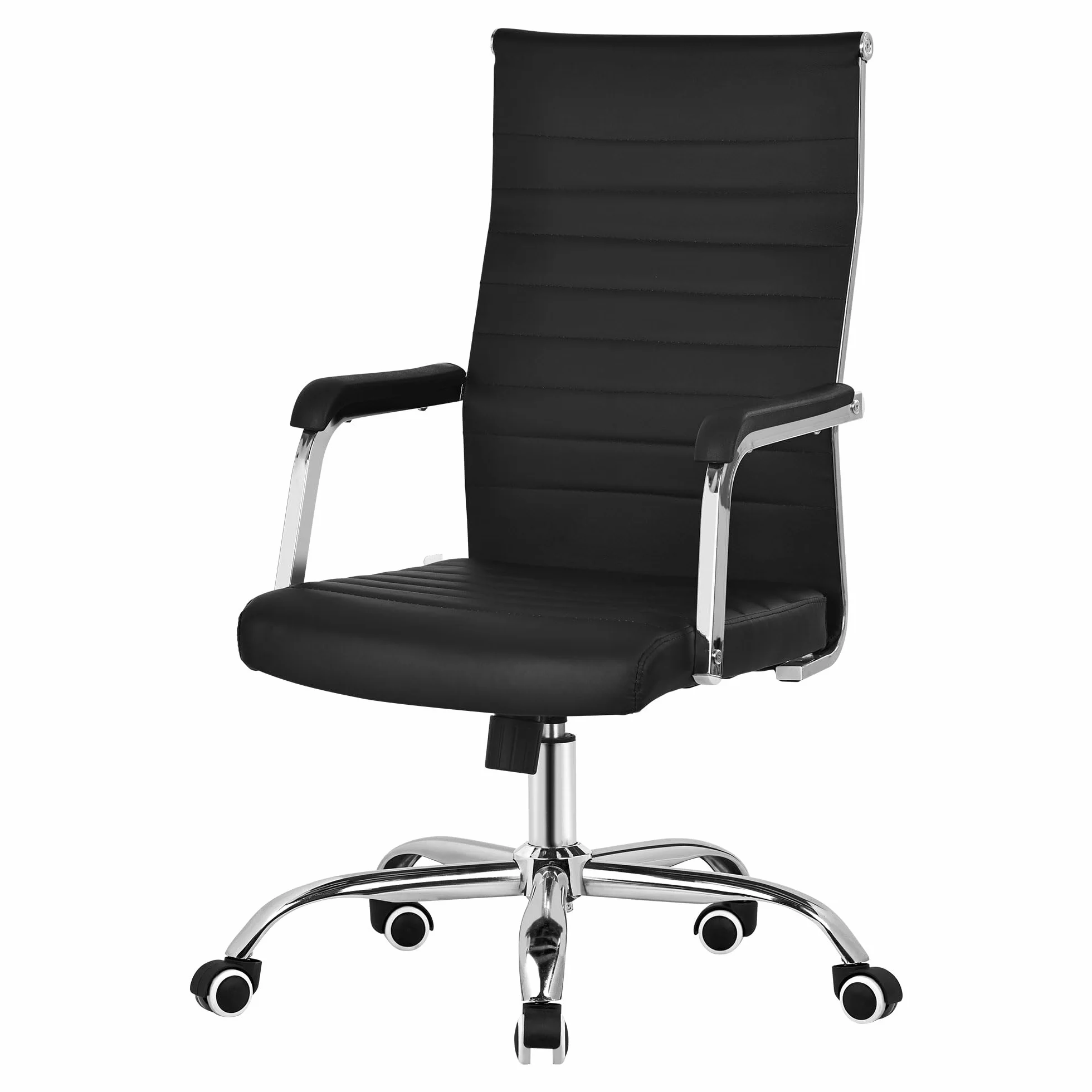 ML-Design Ergonomiczne Krzeslo Biurowe Czarne Regulowane Krzeslo Komputerowe z Podlokietnikami Ekoskóra Chromowana Stalowa Rama Fotel Obrotowy na Kólkach z Funkcja Bujania Krzeslo do Pracy Biura