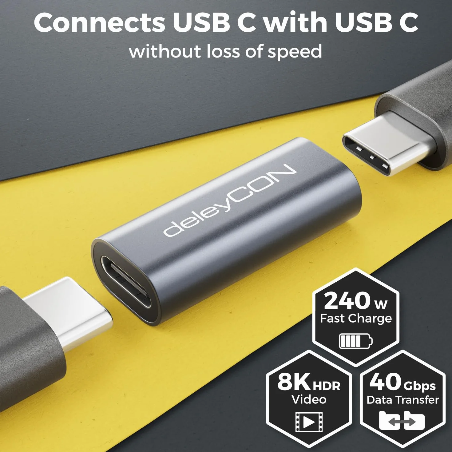 deleyCON Złączka USB-C 40 Gbps, 240 W, 8K60Hz, USB 4.0 - Aluminiowa Obudowa - Gniazdo do Gniazda - Przedłużenie Kabla USB-C, do ładowania i Danych, Smartfon, Tablet, MacBook, Notebook, PS5 itp.