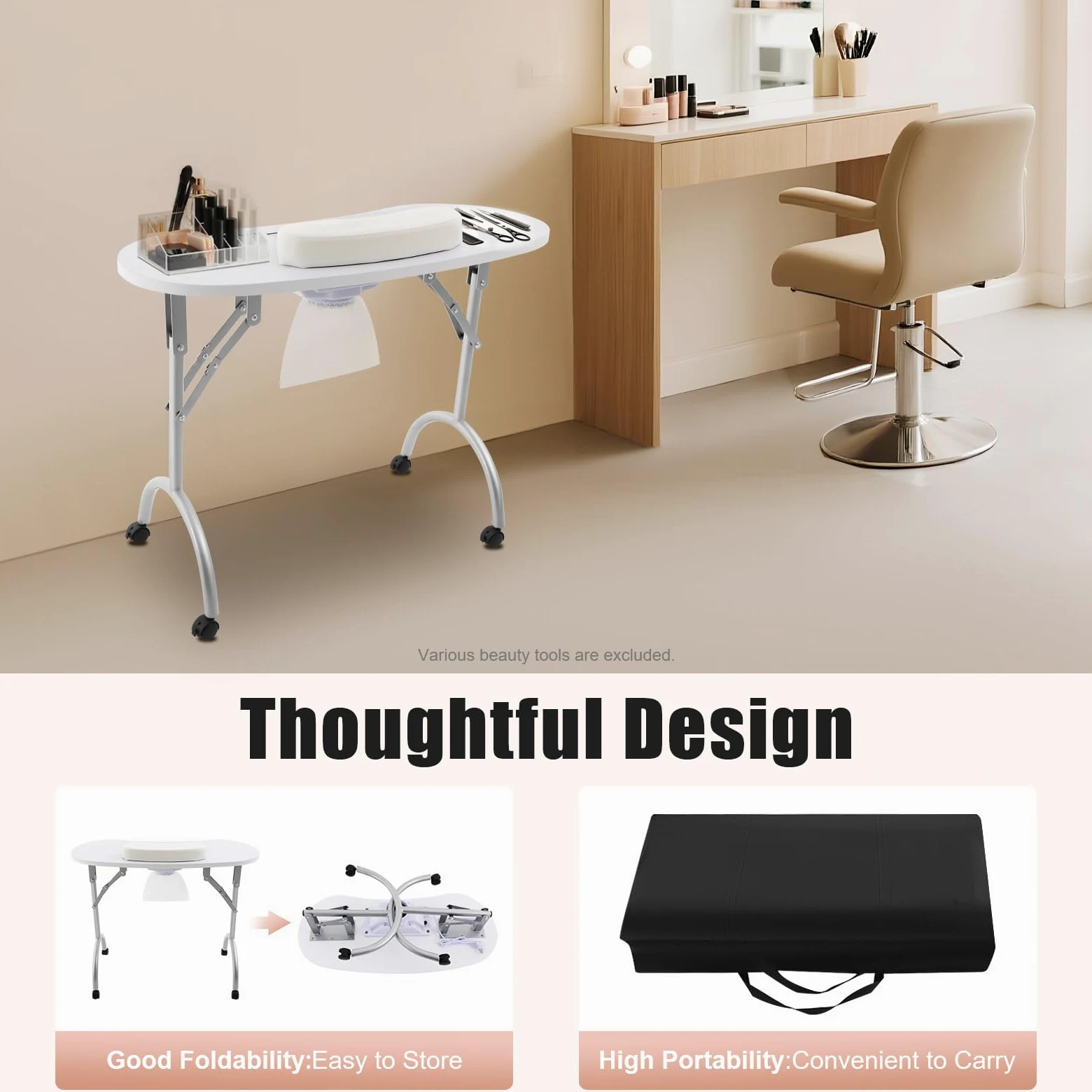Stół do manicure, składany, 5,5 W, stół do paznokci z odsysaniem, 90 x 40 x 72,5 cm, mobilny odkurzacz do paznokci z 3 workami do odkurzacza i torbą do przenoszenia do salonów paznokci (biały)