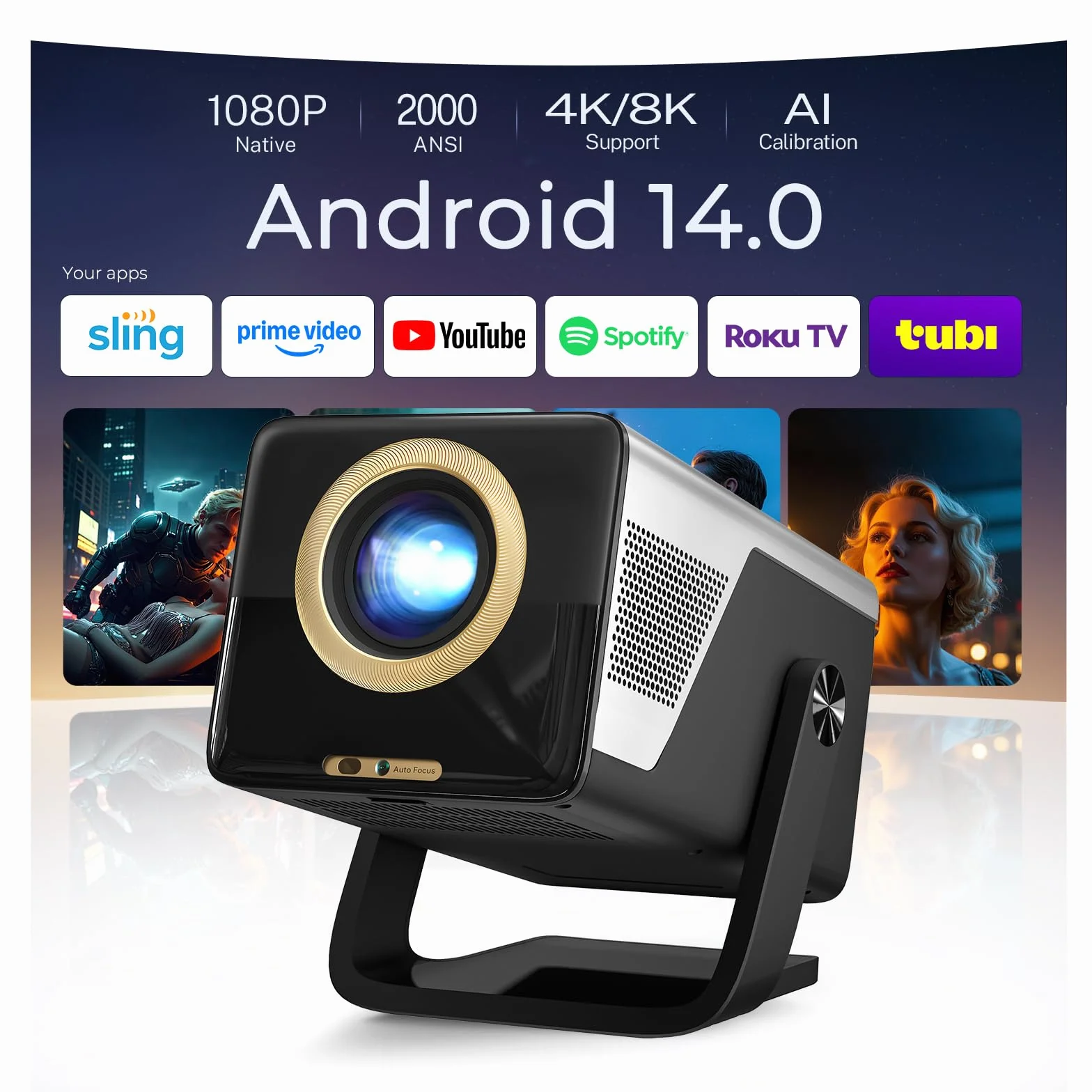 2026 nowy projektor 2000ANSI Smart Projektor Full HD Native 1080p Android14, wbudowane aplikacje autofokus/obsługa Keystone 4K, projektor kina domowego WiFi6 i Bluetooth 5.4, do iOS/Switch/PS5