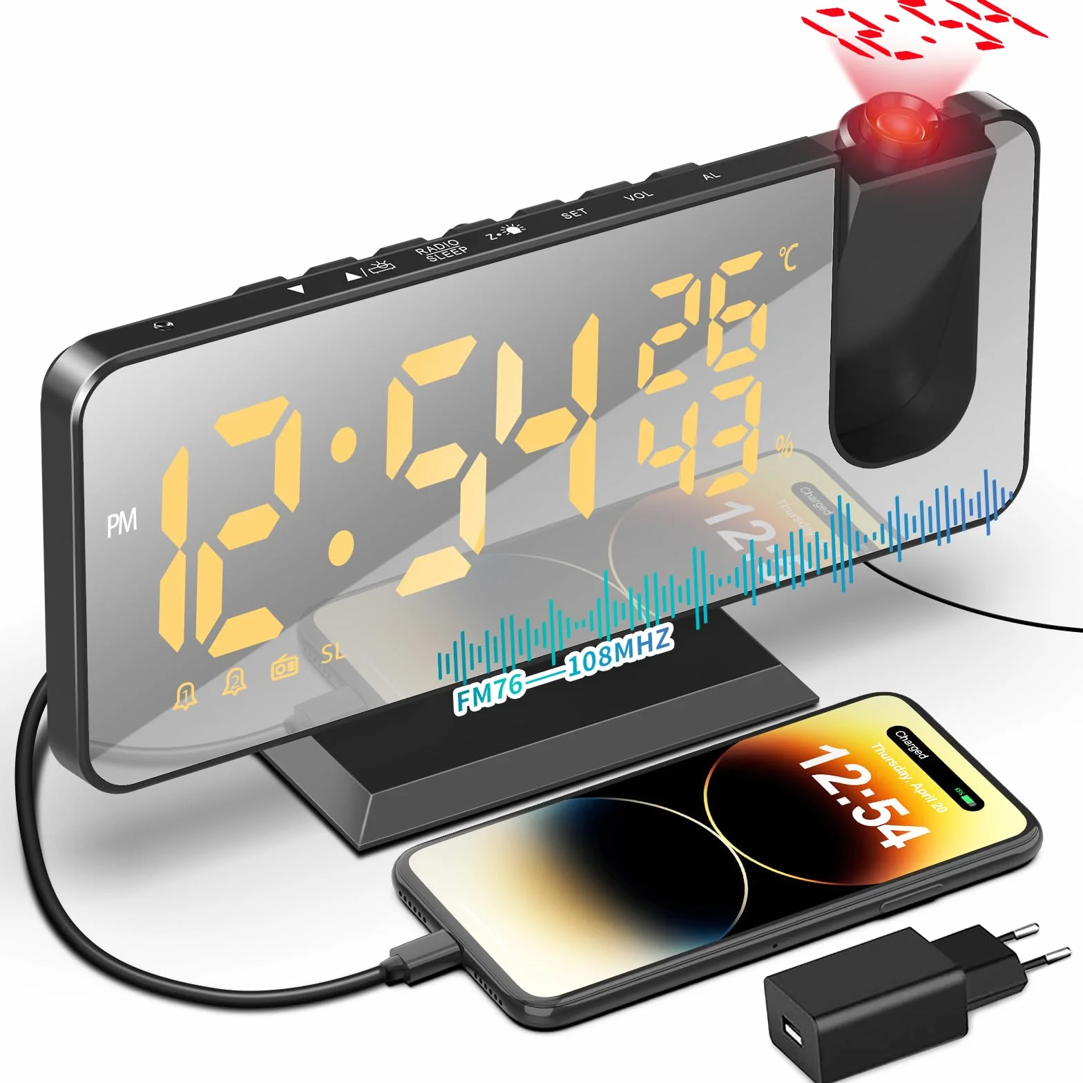 TAKRINK budzik cyfrowy projekcyjny z podwójnym alarmem, USB, 12/24 h