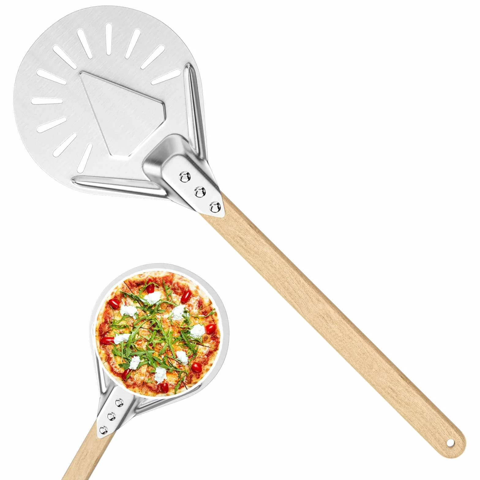 Magrimaxio Łopatka do pizzy perforowana, perforowana łopatka do pizzy, okrągła, z uchwytem zapobiegającym oparzeniom, łopatka do pizzy z twardego anodowanego aluminium, do domowej pizzy, chleba, ciast