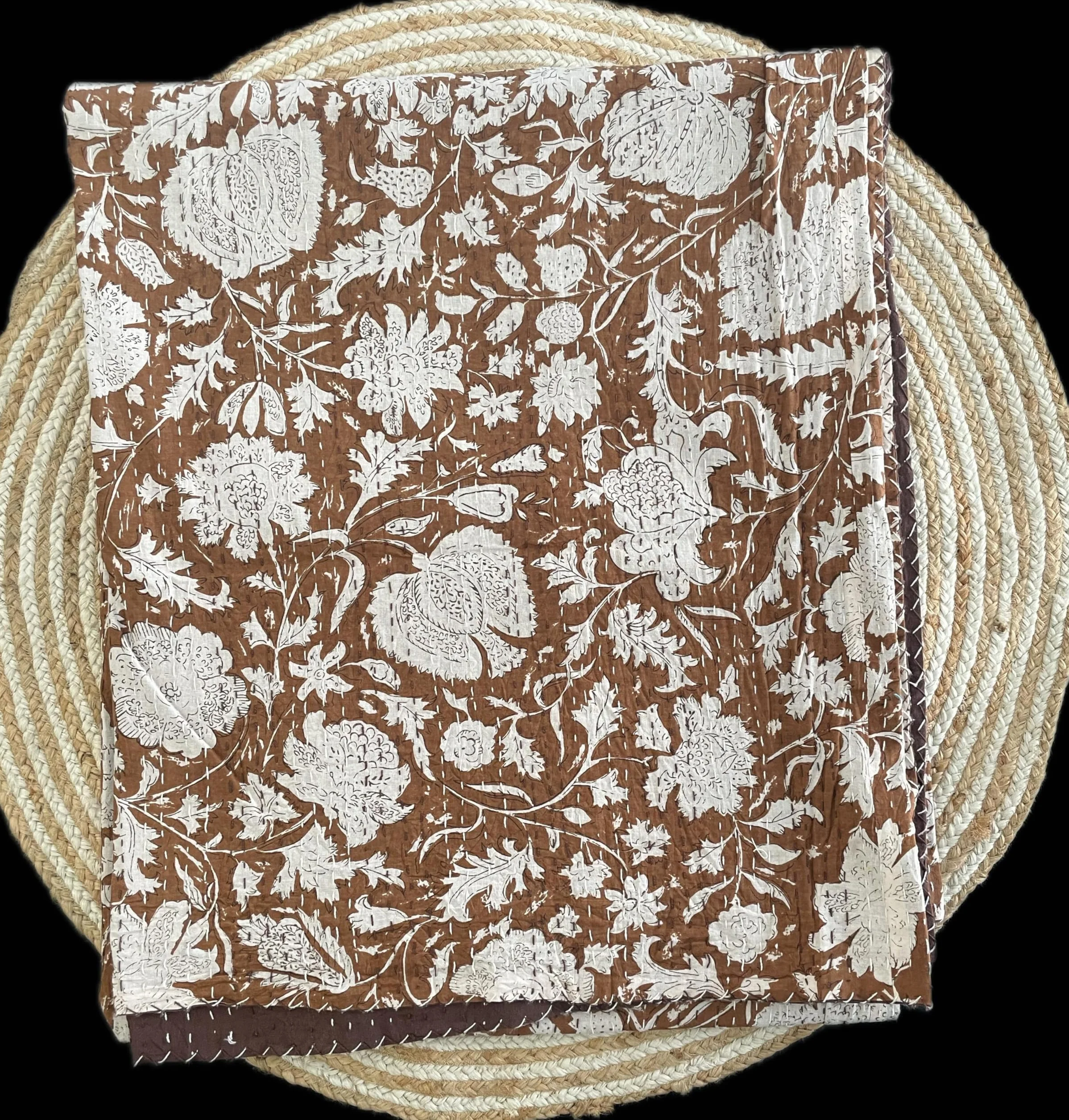 Koc Kantha bawełniany ręcznie robiony narzuta queen size 152x228 cm boho ciemnobrązowy