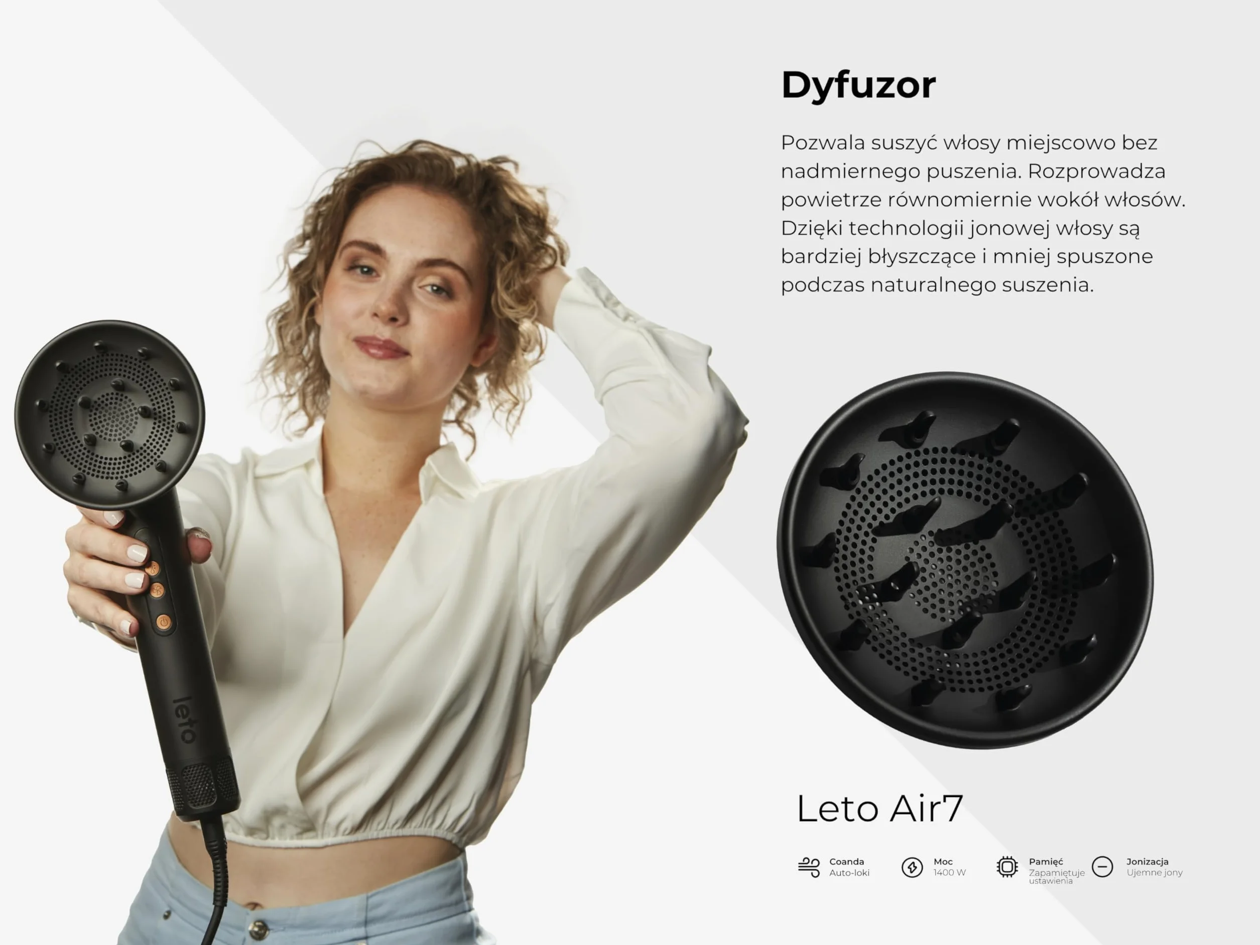 Leto 7 w 1 Hot Air Brush & Hair Dryer – okrągła szczotka, lokówka, prostownica, dyfuzor, koncentrator, Coanda, jonowa, 1400W BLDC