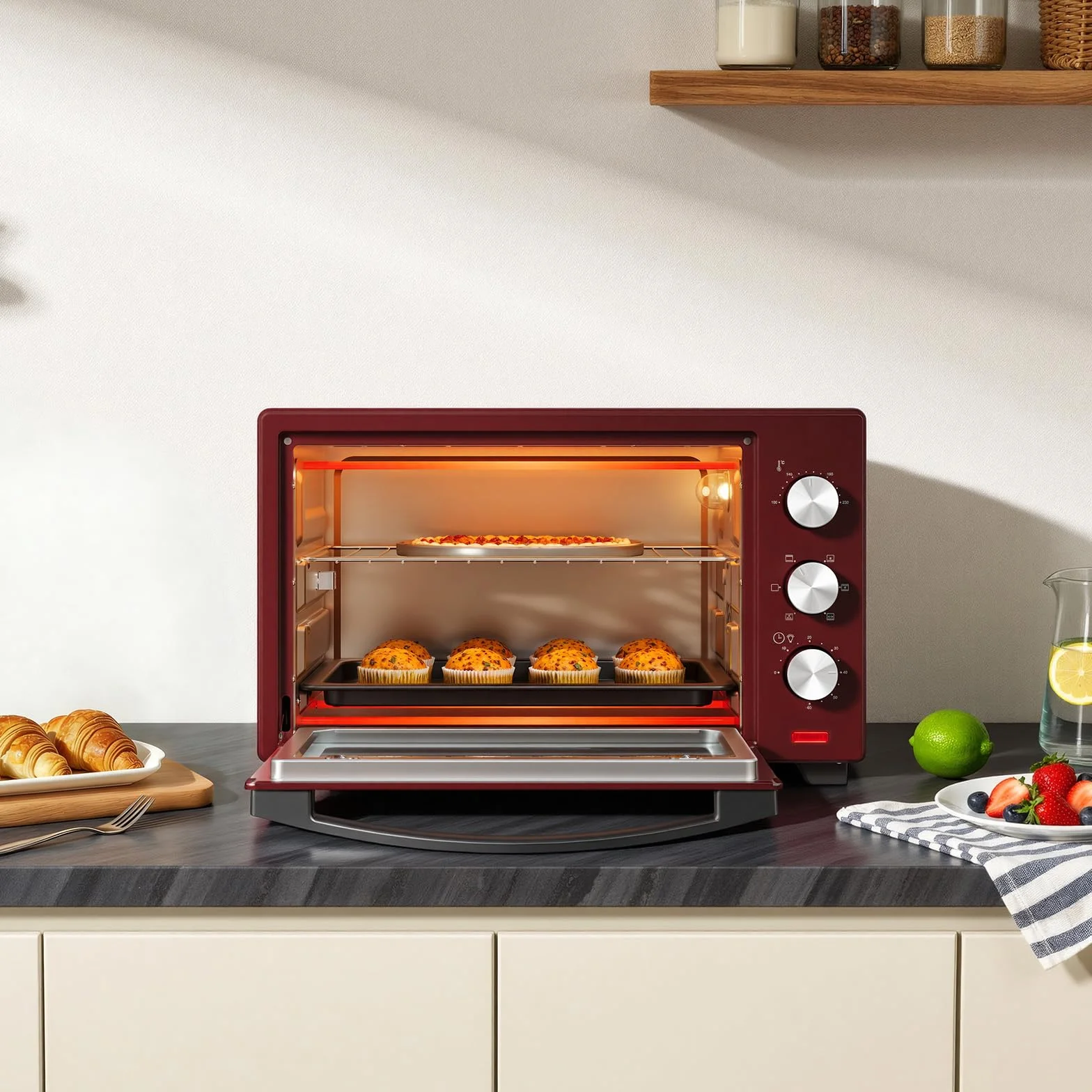 WOLTU mini piekarnik 32 litry, toster 1600 Watt | Piec do pizzy | Wyjmowana tacka na okruchy z minipiekarnikiem z timerem do pizzy, tostów, indyka, hot-dogów, czarny + czerwony