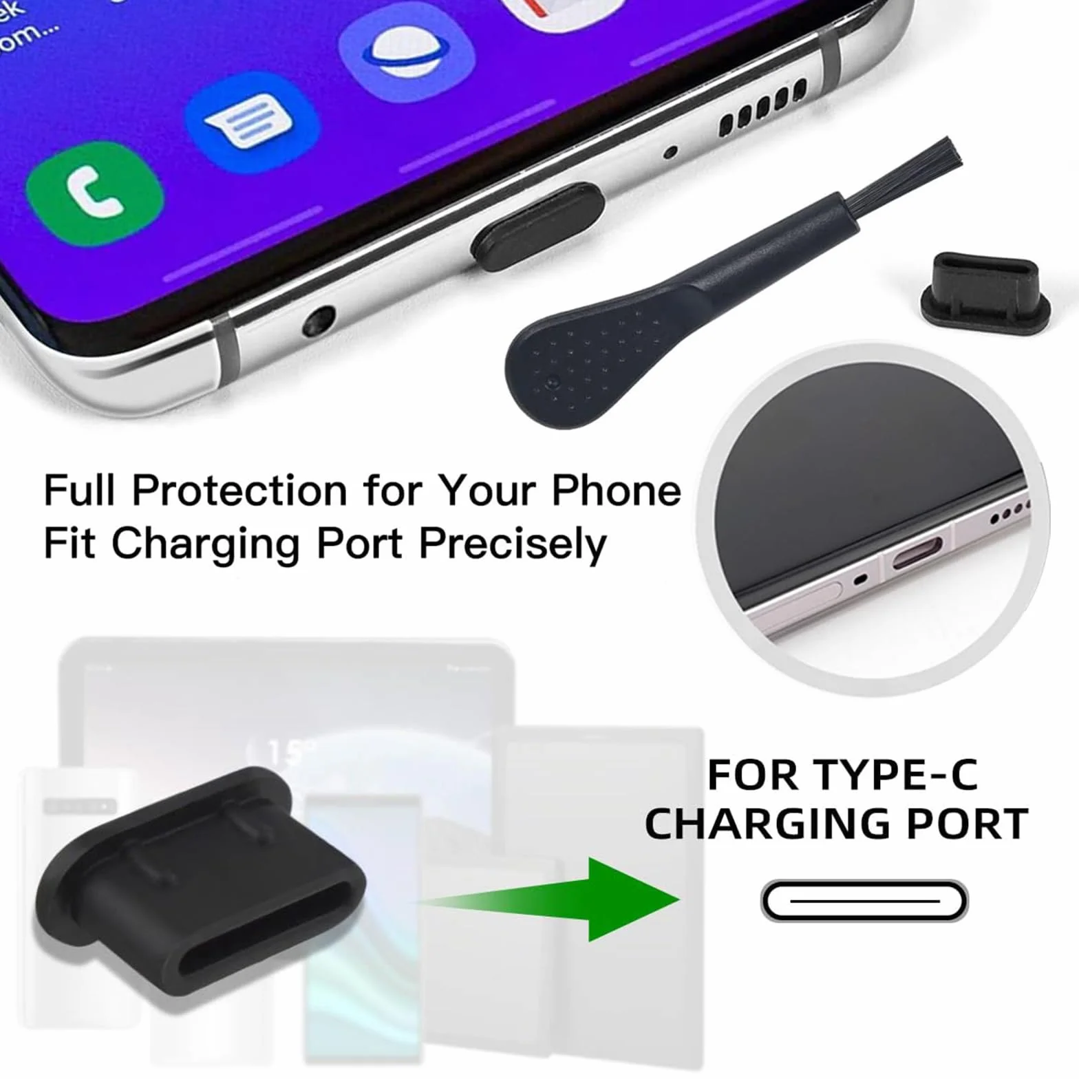 Lilbitty Zestaw 6 szt. osłonek przeciwpyłowych USB-C z dwoma małymi szczotkami do czyszczenia, silikonowe nakładki ochronne do USB 3.1 typu C, uniwersalne do Samsung, Google, Xiaomi i wielu innych