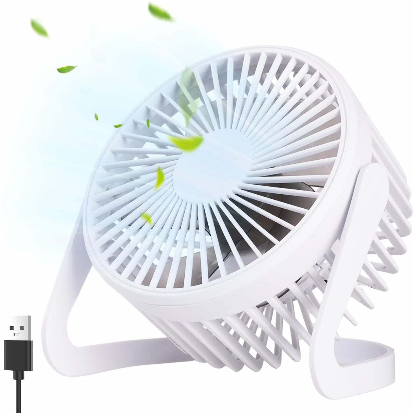 WD&CD Wentylator biurkowy USB, cichy mini wentylator, przenośny, stołowy, do biura, domu, akademika, na podróż, obrót o 360°, energooszczędny, kompaktowy wentylator chłodzący, 13 cm, biały