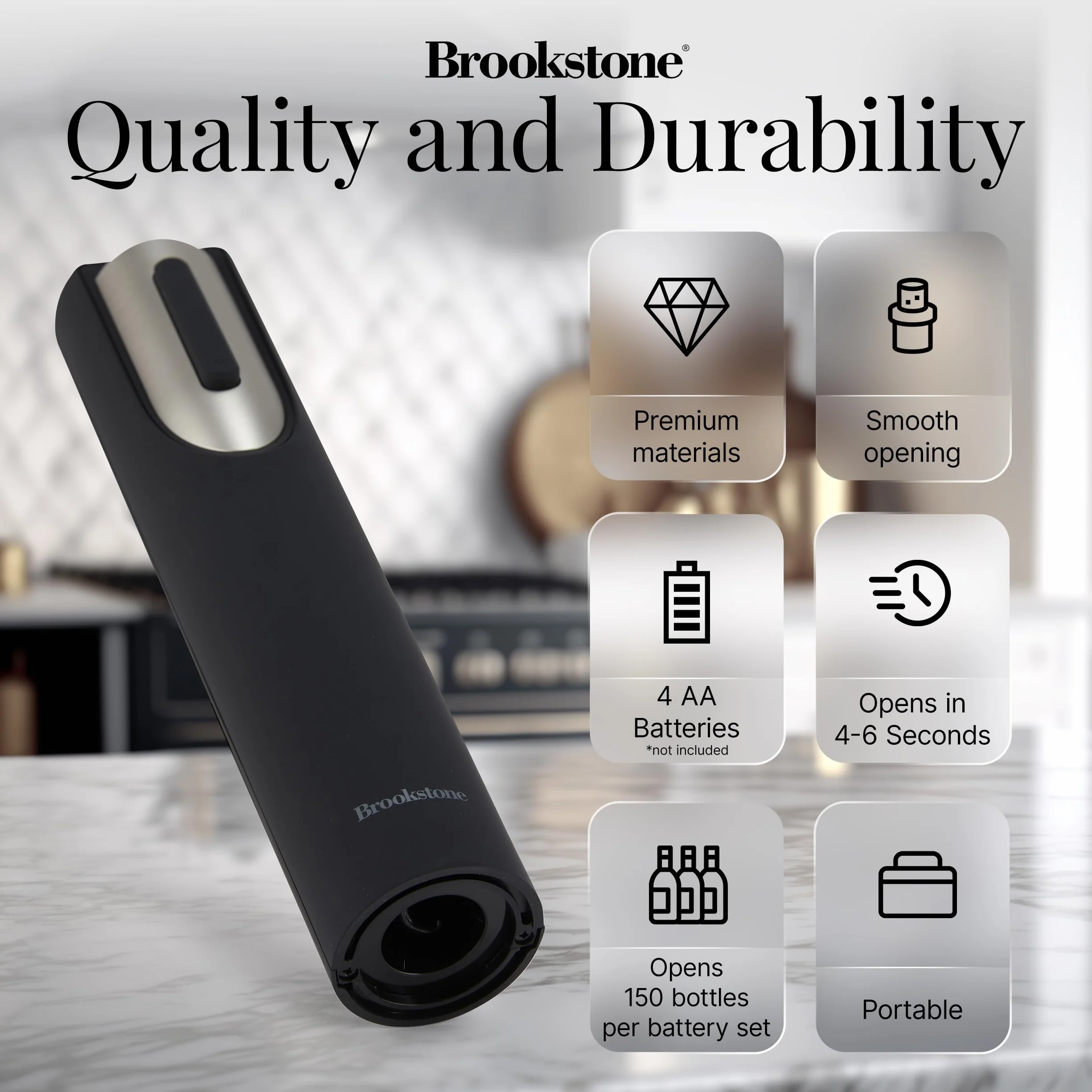 Brookstone Elektryczny Otwieracz do Wina z Nóżem do Folii i Stojakiem - Automatyczny Korkociąg na Baterie