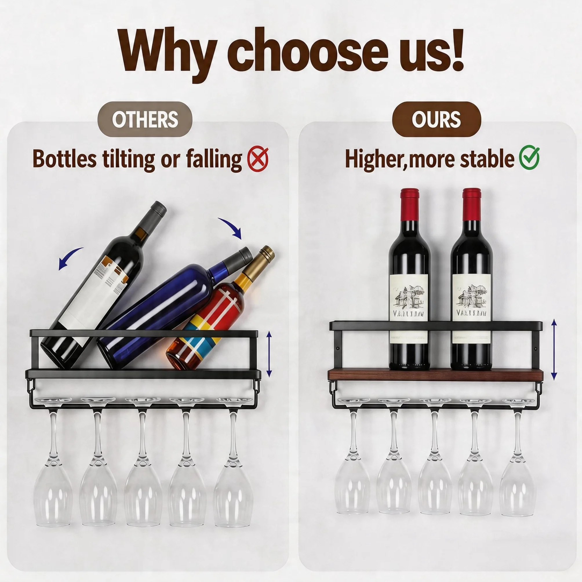 B4Life Regał na Wino Montowany na Ścianie Drewniany Vintage Zestaw 2 Szt. System Stemware