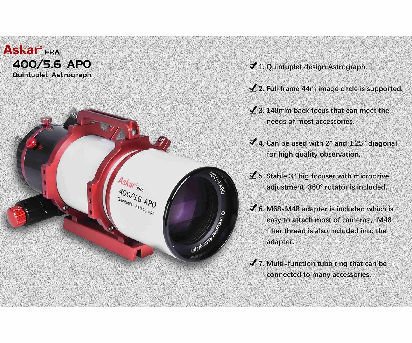 Askar FRA400 Teleskop astrograf refraktor, 400 mm, F5.6, Quintuplet Design Astrograf do astrofotografii głębokiego nieba i astronomii wizualnej
