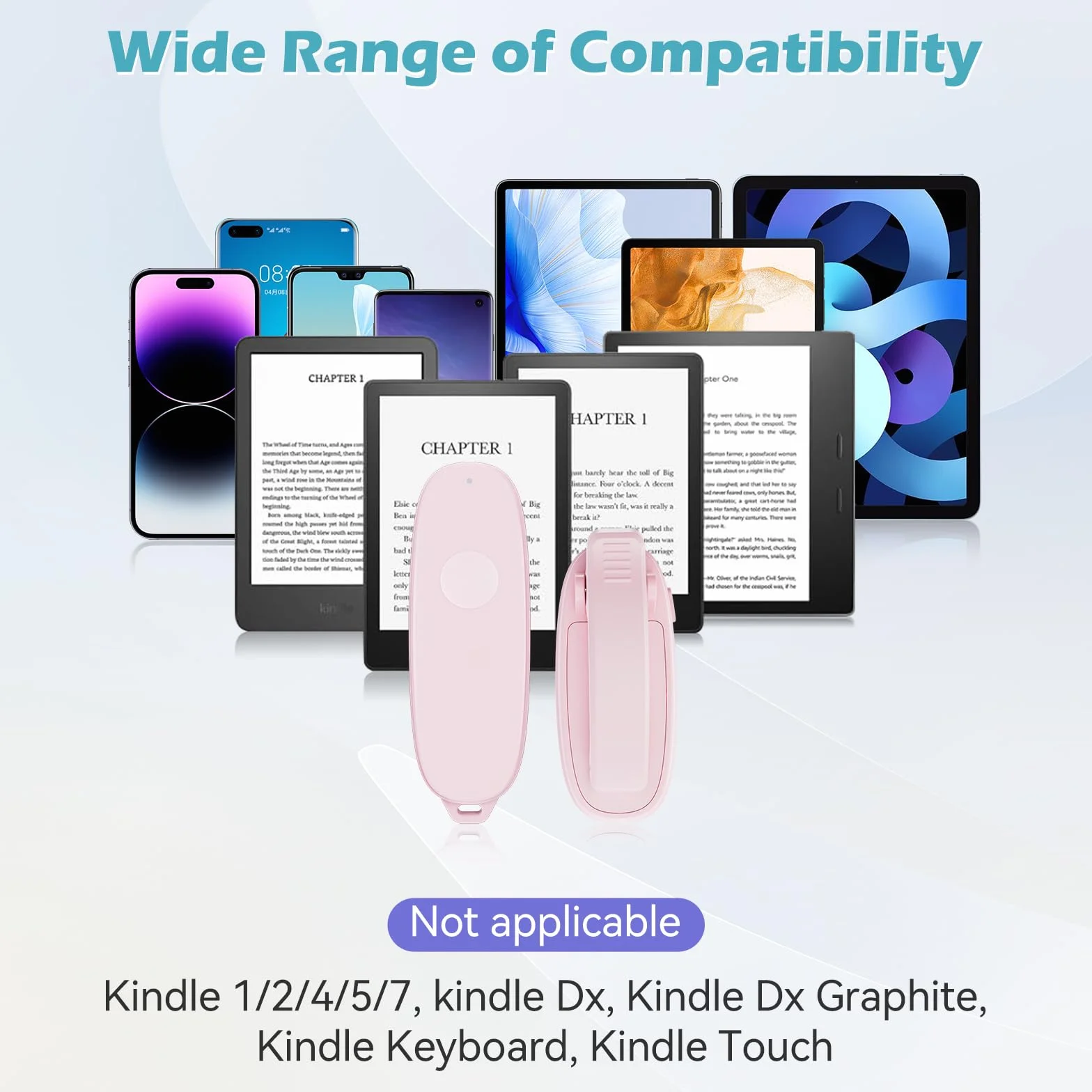 Zdalne sterowanie RF, przewracacz stron do Kindle z ładowaniem USB-C, klips A i B, wskaźnik LED, odporny na odciski palców, długi czas czuwania dla czytników e-booków — łatwa obsługa jedną ręką różowy