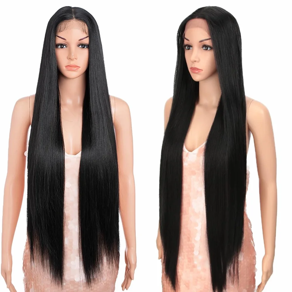 Style Icon Peruka 96,5 cm, bardzo długa, prosta koronka z przodu dla kobiet, syntetyczna koronka z przodu, środkowy przedziałek, peruka koronkowa, 150% gęstości (1B)