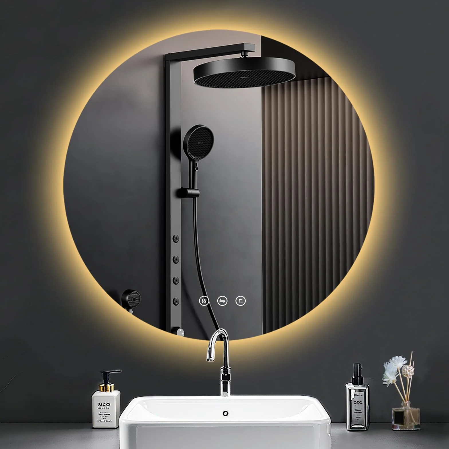 Okrągłe lustro łazienkowe z oświetleniem, 60 cm LED, lustro do łazienki z światłem, antymgławienne, 3 kolory światła, możliwość przyciemnienia, włącznik dotykowy, funkcja pamięci, okrągłe