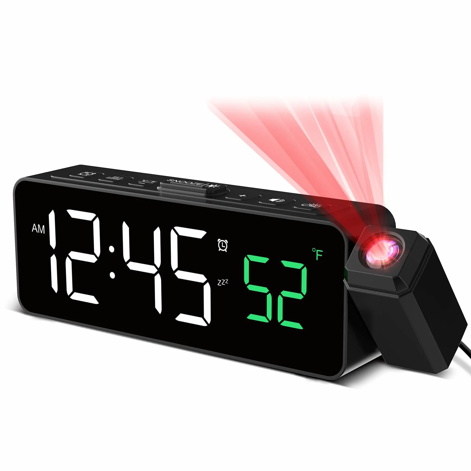 Budzik projekcyjny cyfrowy z projektorem 180°, wyświetlacz LED, 4 jasności, 3 głośności, 9 min drzemki, 12/24 h