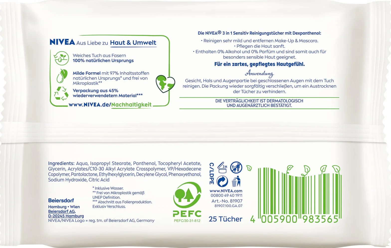 NIVEA 3 w 1 Sensitiv chusteczki czyszczące, łagodne chusteczki do czyszczenia twarzy z dekspantenolem, delikatne chusteczki do demakijażu dla szczególnie wrażliwej skóry, zawierające 0% alkoholu (25