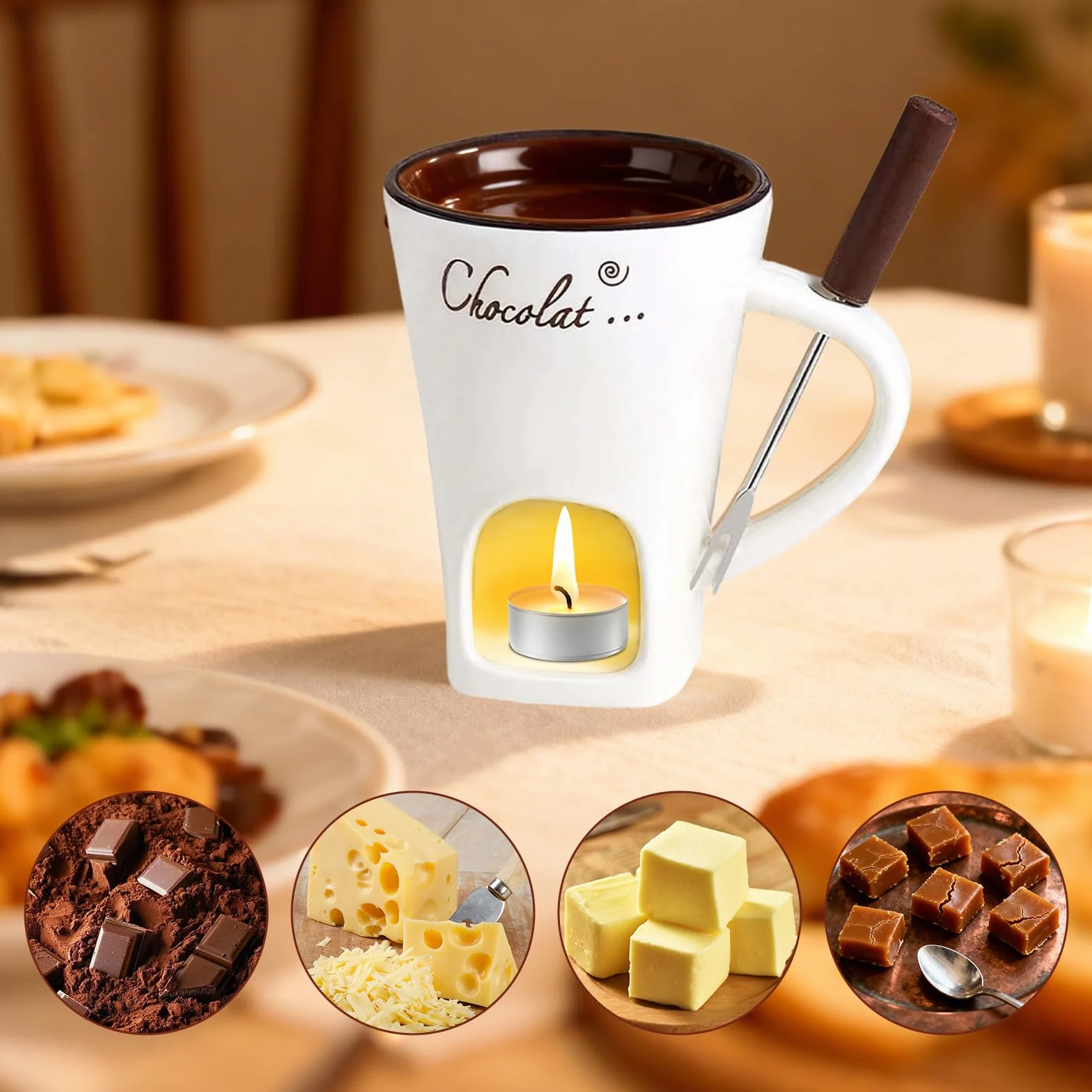 Ceramiczny kubek do fondue czekoladowego 130 ml z widelcem