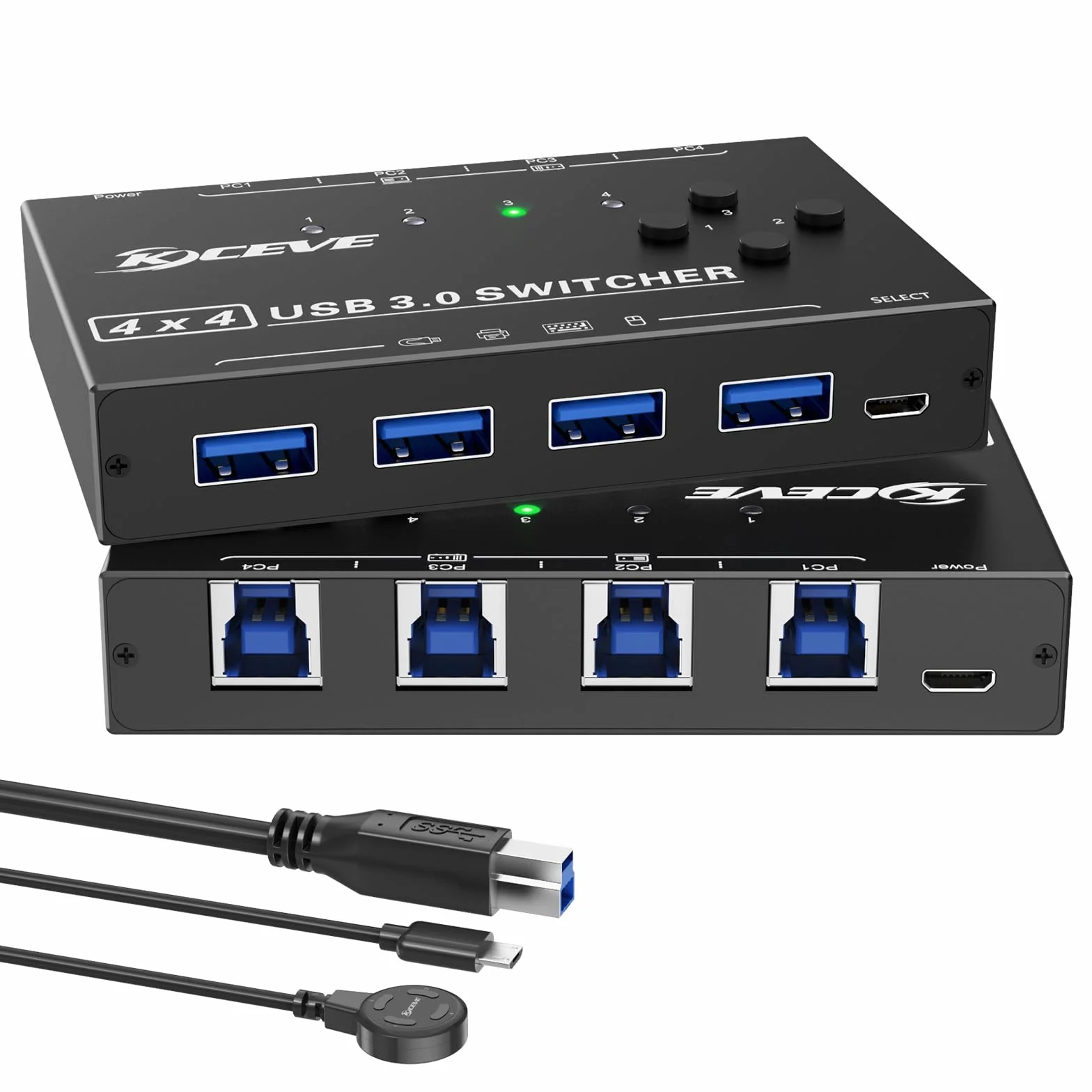 USB 3.0 Switch 4 PC, USB Switch 4 in 4 out dla 4 Komputery Udostępnianie Mysz i Klawiatura, Wired Remote (8K USB-B 4 in 4 out)