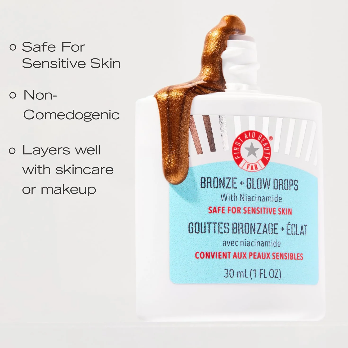 First Aid Beauty – Bronze + Glow Drops z niacynamidem, wyrównują koloryt, wygładzają pory, nawilżają 24h, brązowy efekt, niekomedogenne, dla skóry wrażliwej, 30 ml