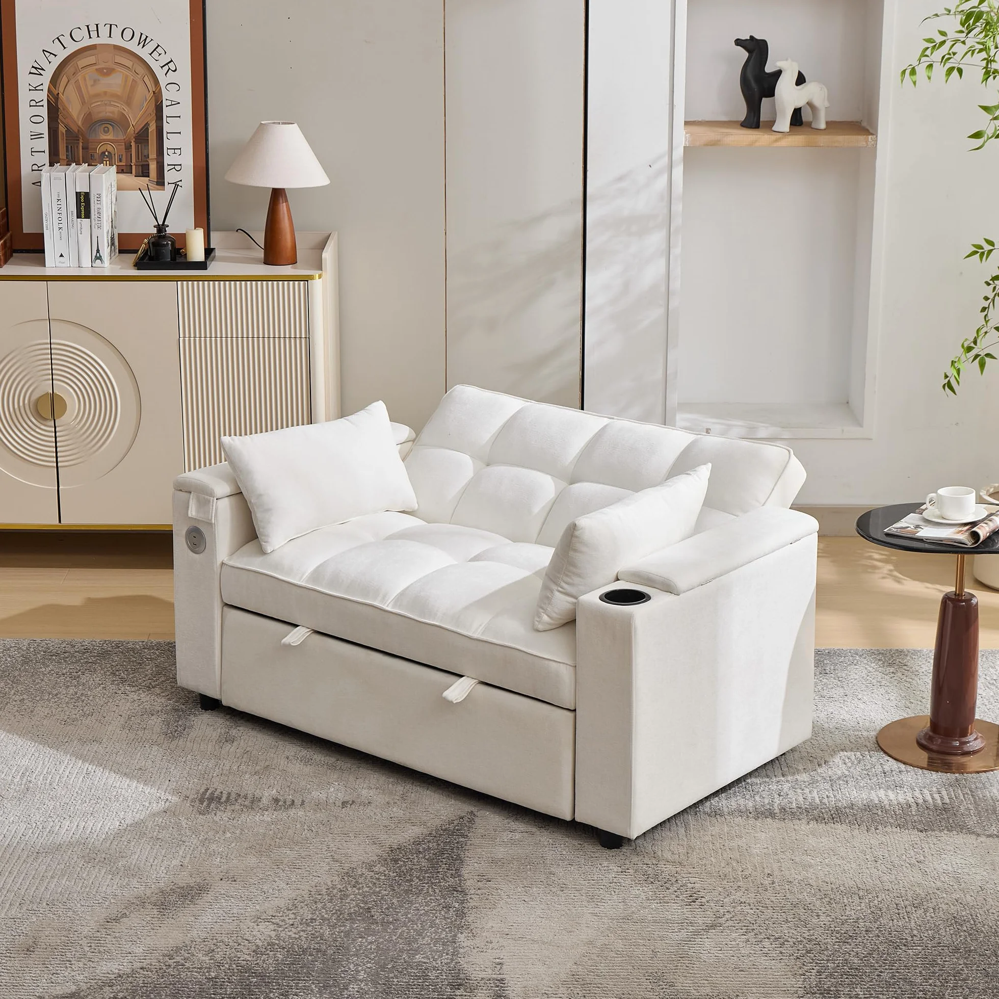 Sofa 2-osobowa z funkcją spania 140,5 x 74 x 82 cm rozkładana 3 w 1 regulowanym oparciem USB ukryty stół beżowa