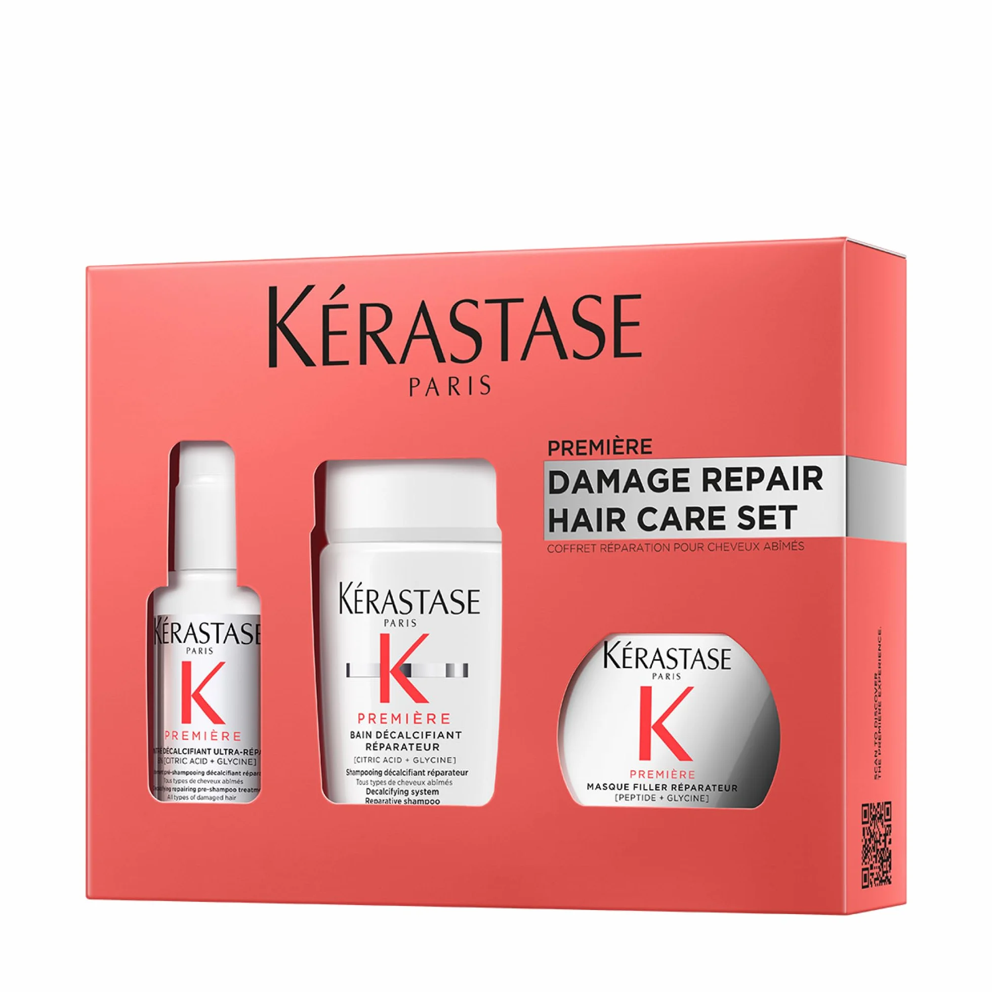 Kérastase, Première, kuracja pielęgnacyjna z pre-szamponem, szamponem i maską do włosów zniszczonych, Concentré Décalcifiant Ultra-Réparateur, Bain Décalcifiant Rénovateur & Masque Filler Réparateur