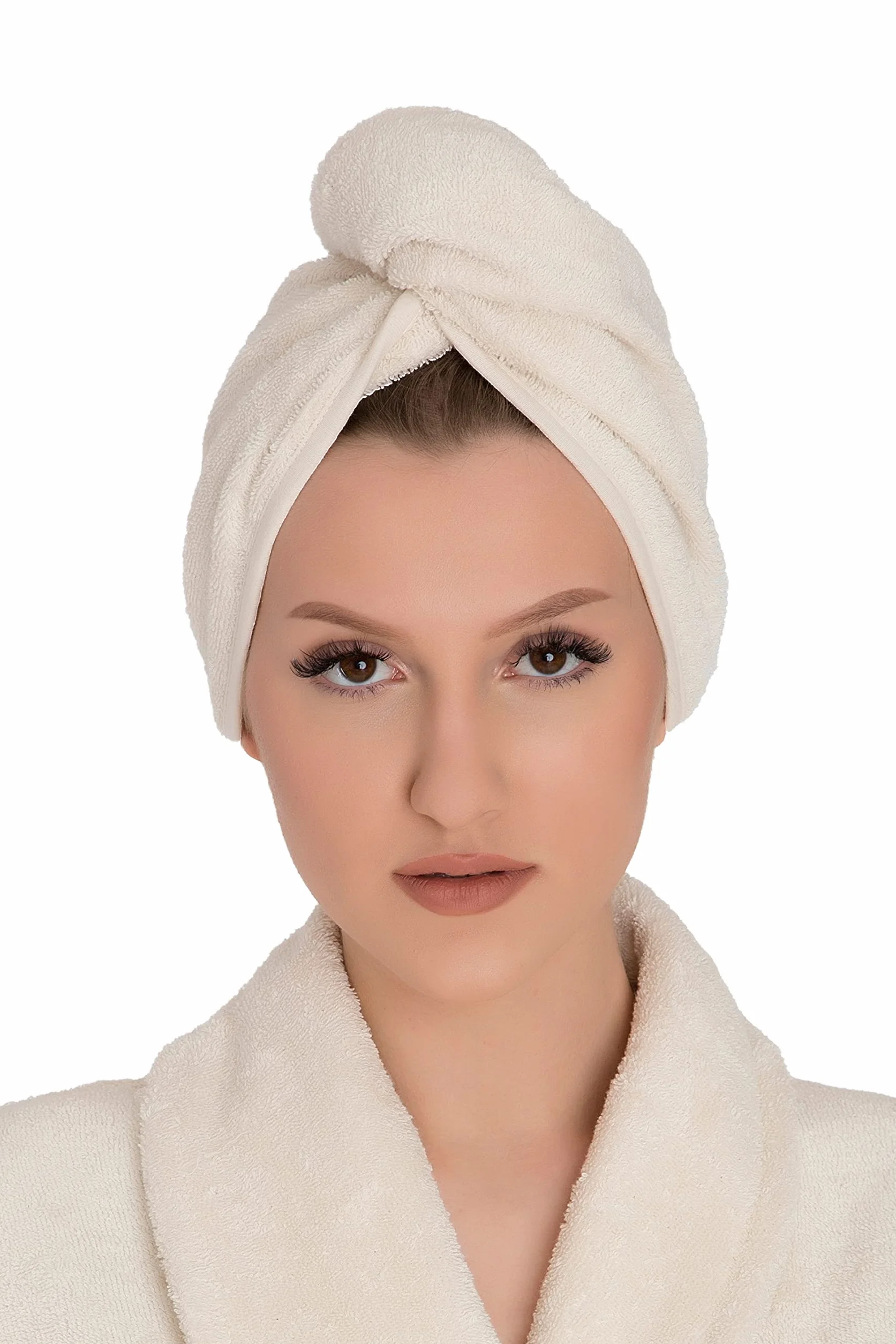 Hamur Home Ręcznik do Włosów Hair Towel Wrap Zapinany Na Guzik Wygodny Turban, Naturalny kolor bawełny Ecru 100% Bawełna frotte