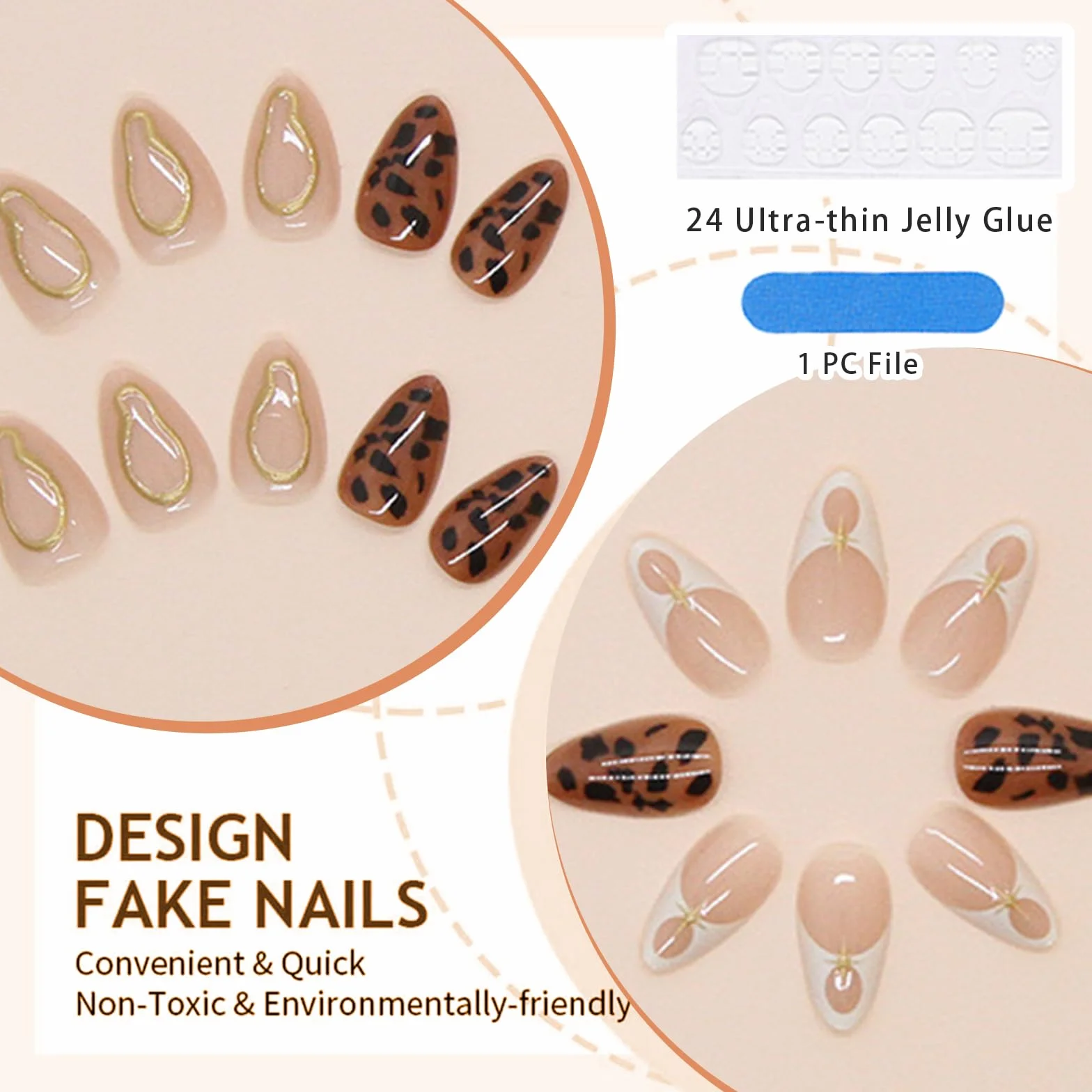 GlamRays Sztuczne Paznokcie 24 szt. Średni Press Leopard Francuskie Tip z Gwiazdami Złote Niebieskie 3D Akrylowe Pełne Pokrycie