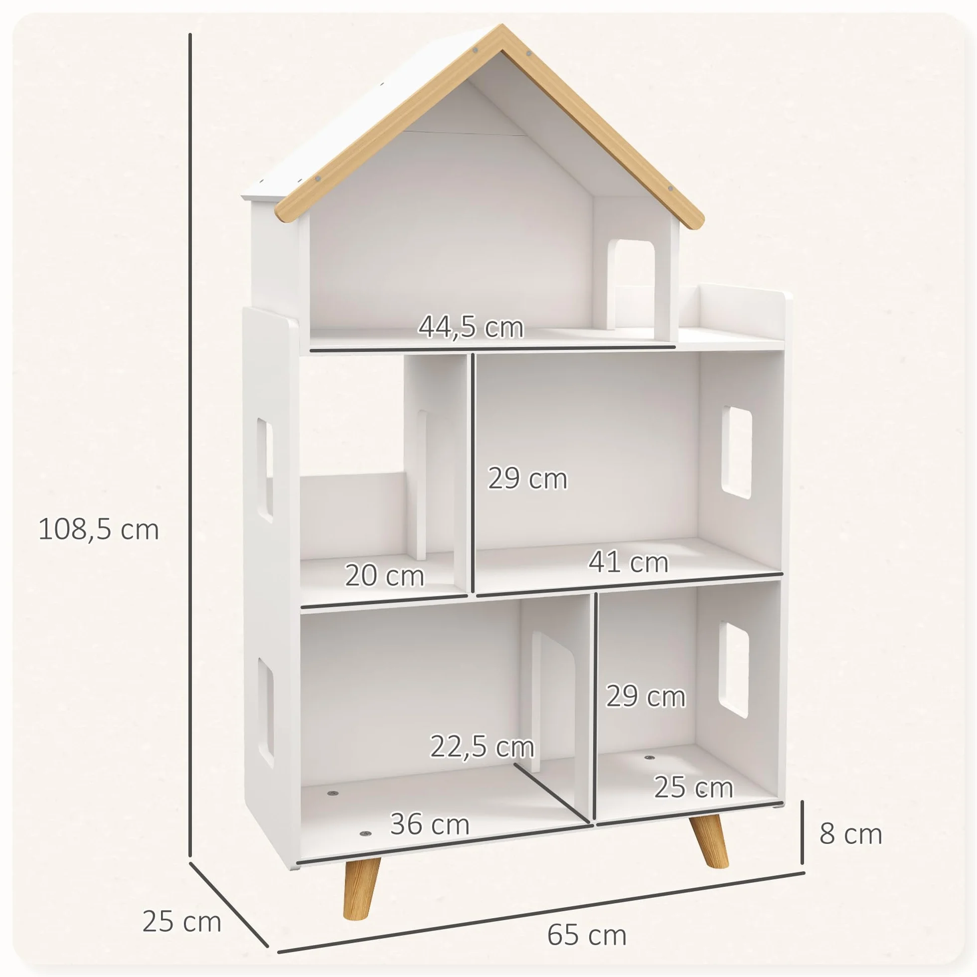 ZONEKIZ Regał do przechowywania zabawek 3 półki lite drewno 65x25x108,5 cm biały naturalny