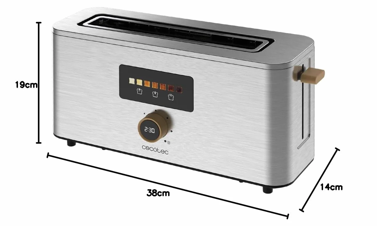 Cecotec Toster pionowy 1 bardzo długie szczeliny Touch&Toast Extra. 1000 W, 24 kromki chleba, ekstra szeroka szczelina 3,5 cm, ekran dotykowy i cyfrowe koło, wykończenie ze stali nierdzewnej