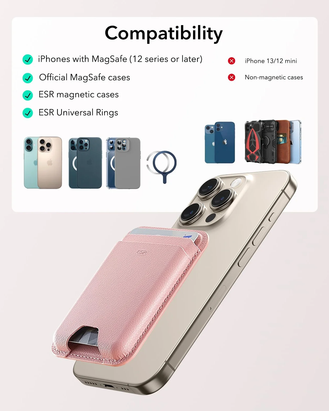 ESR Portfel do MagSafe, 5 przegródek na karty, etui na iPhone'a o silnej sile magnetycznej, wegańska skóra, do iPhone'a 16/15/14/13/12, nie 13/12 Mini, A2_różowy, klasyczny