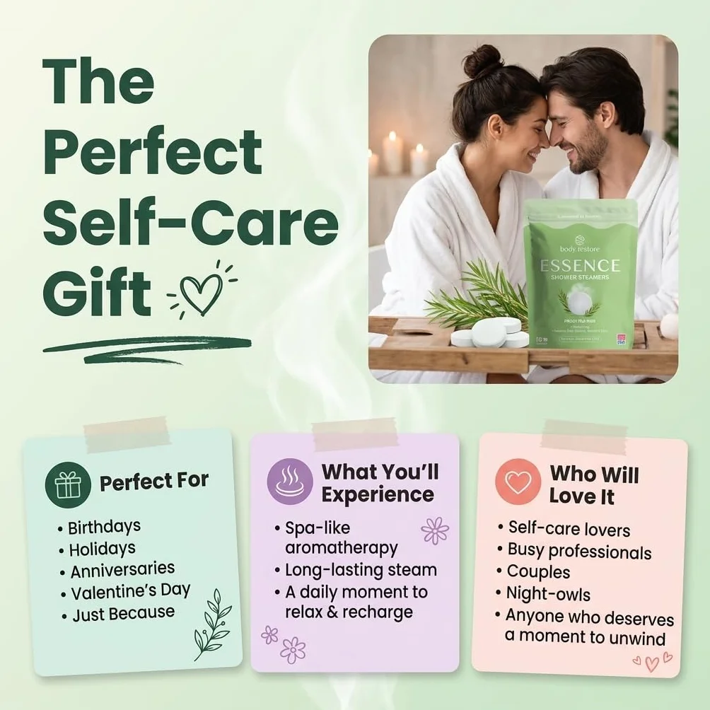 Body Restore Parowary pod prysznic, aromaterapia, 15 sztuk, relaksujące prezenty urodzinowe dla kobiet i mężczyzn, niezbędne akcesoria podróżne, ulga w stresie i samoopiece - Essence