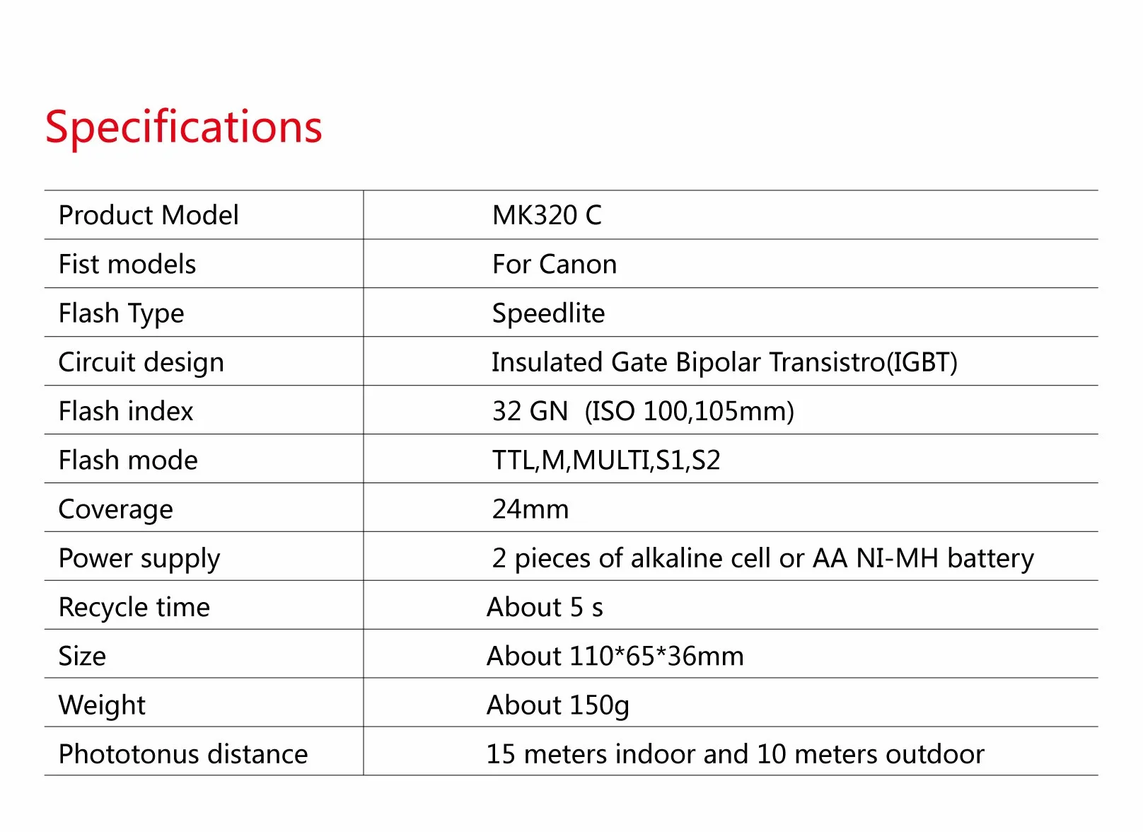 MEIKE MK-320C Speedlite Flash TTL Fit Canon bezlusterkowa kamera DSLR Hot Shoe 5d Mark II, III, 6d, 7d, 7d Mark II, 50d, 60d, 70d, 100d, 550d, 600d, 700d, 1000d, 1100d