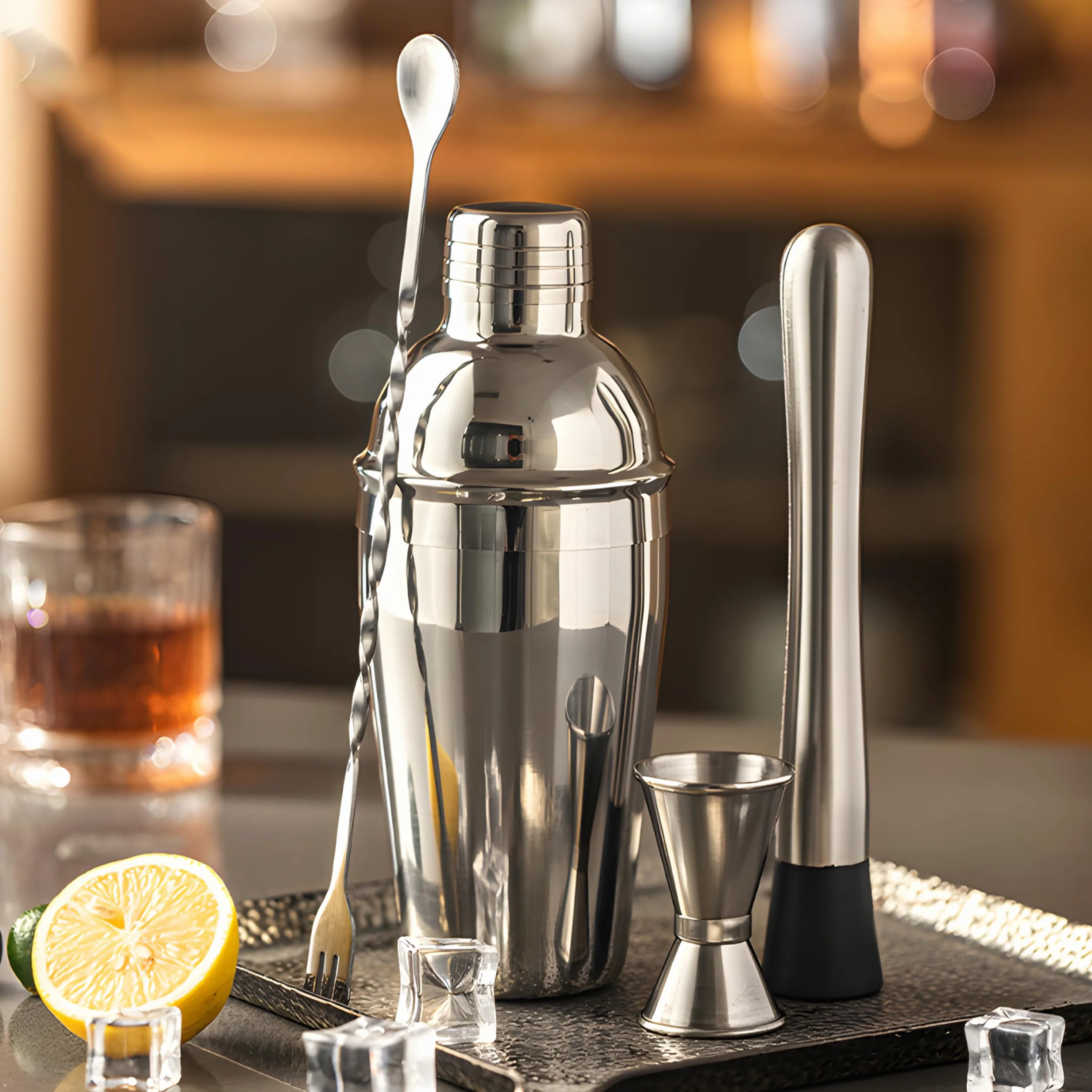 Retoo Zestaw do koktajli, shaker do koktajli, zestaw barowy ze stali nierdzewnej, 750 ml, 6-częściowy zestaw do shaker ze stali nierdzewnej, profesjonalny zestaw do mieszania koktajli, zestaw barowy