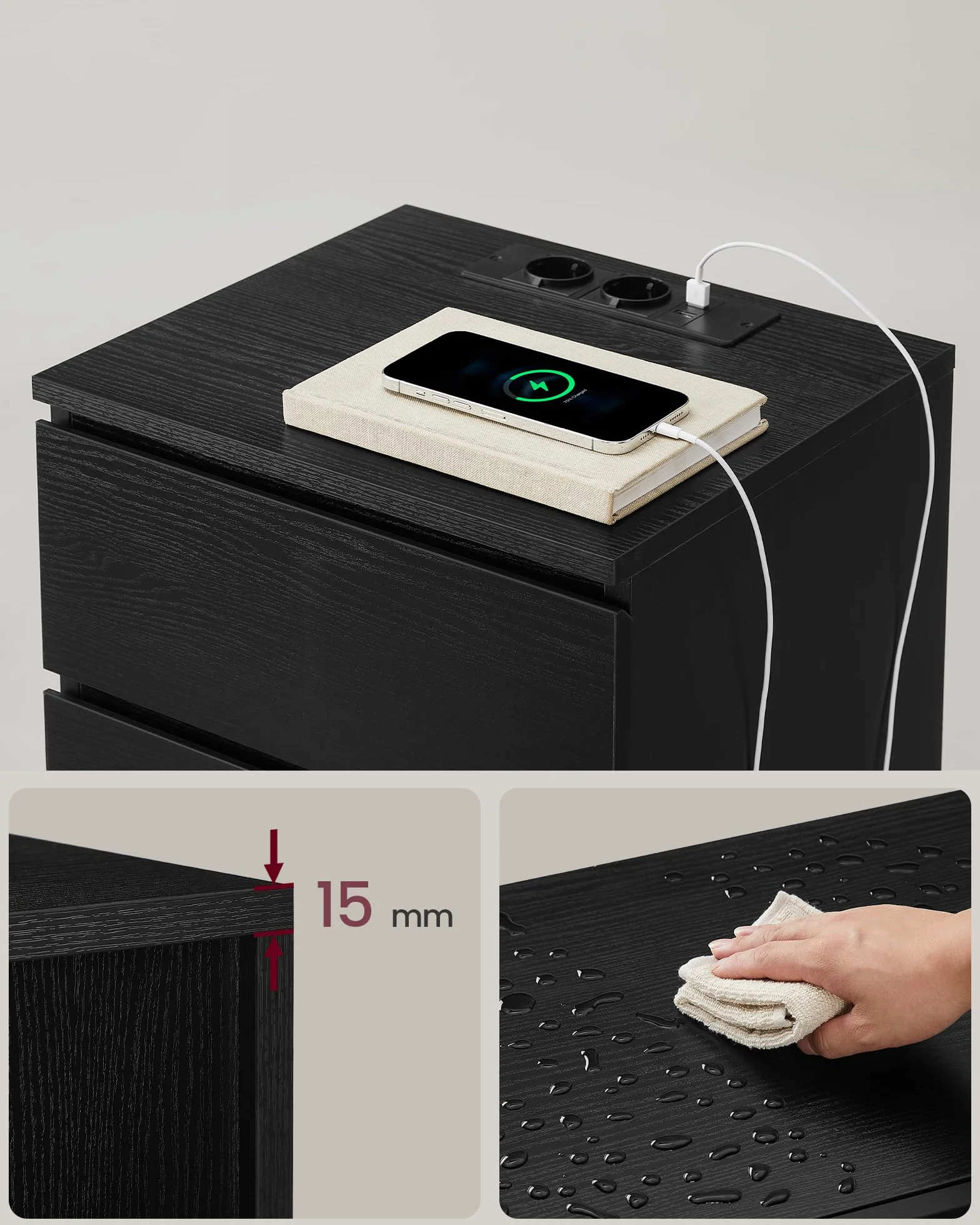 VASAGLE Stolik nocny 3 szuflady fazowana krawędź 2 gniazda AC 2 porty USB hebanowoczarny zestaw 2 szt.