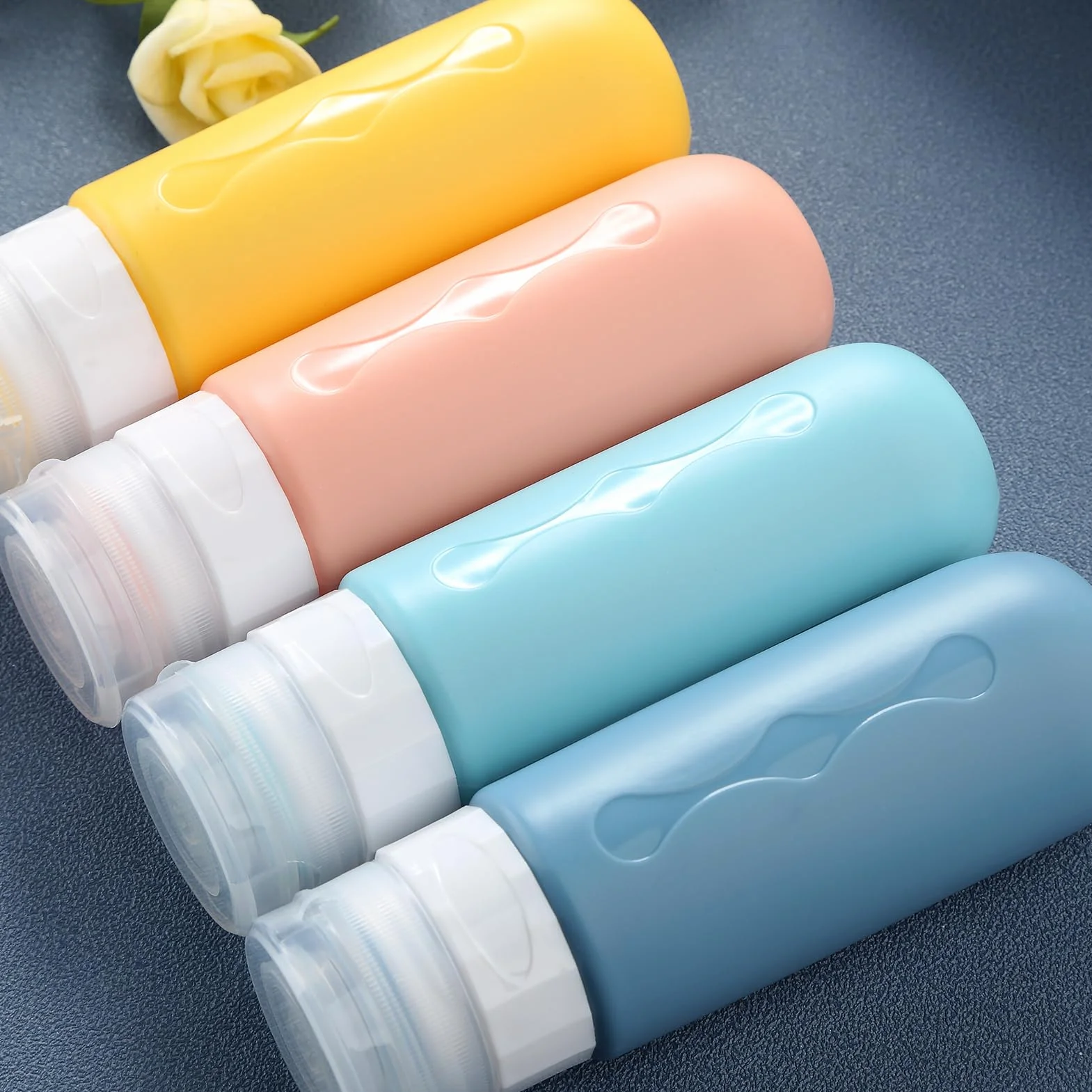 Gemice Silikonowe butelki podróżne 90 ml, 4 sztuki, szczelne pojemniki podróżne, zestaw przyborów toaletowych, zatwierdzone przez FDA, pojemniki na płyny, do szamponu, kremu, odżywki, pielęgnacji