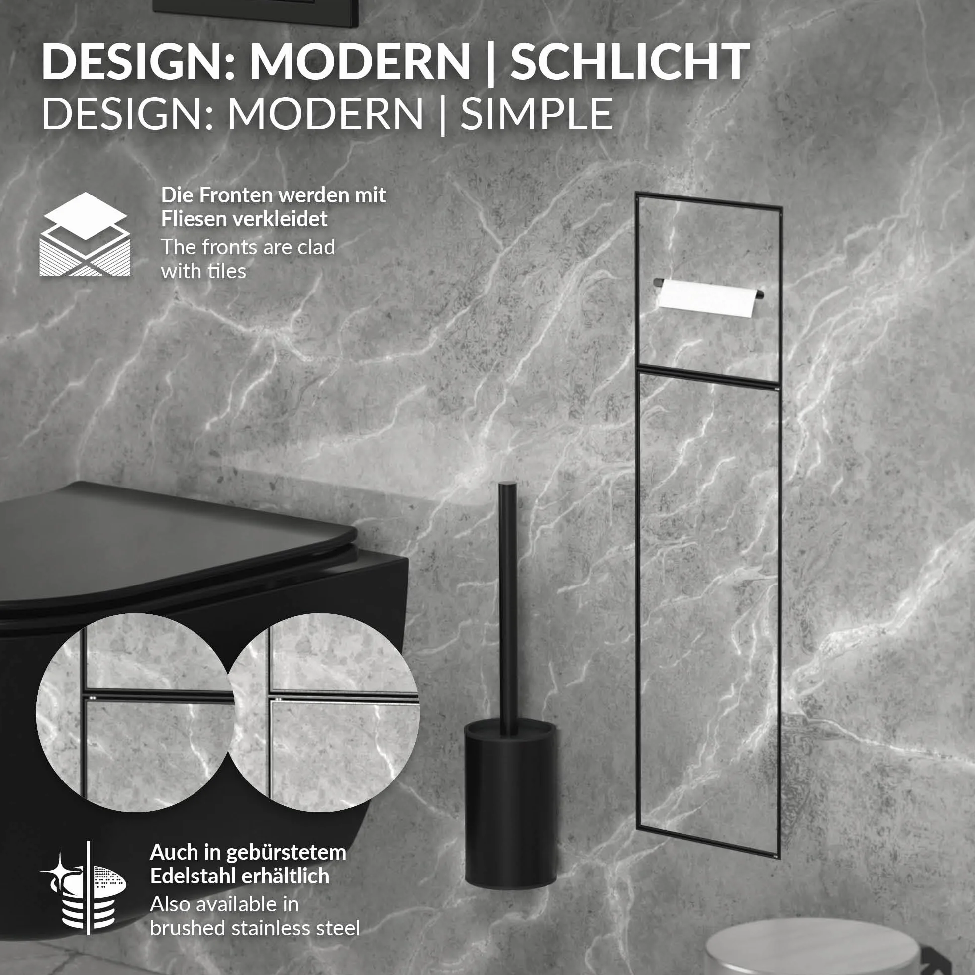 LuxeBath modul szafki podtynkowej ze stali nierdzewnej czarny 60x20x14 cm szafka lazienkowa z uchwytem na papier