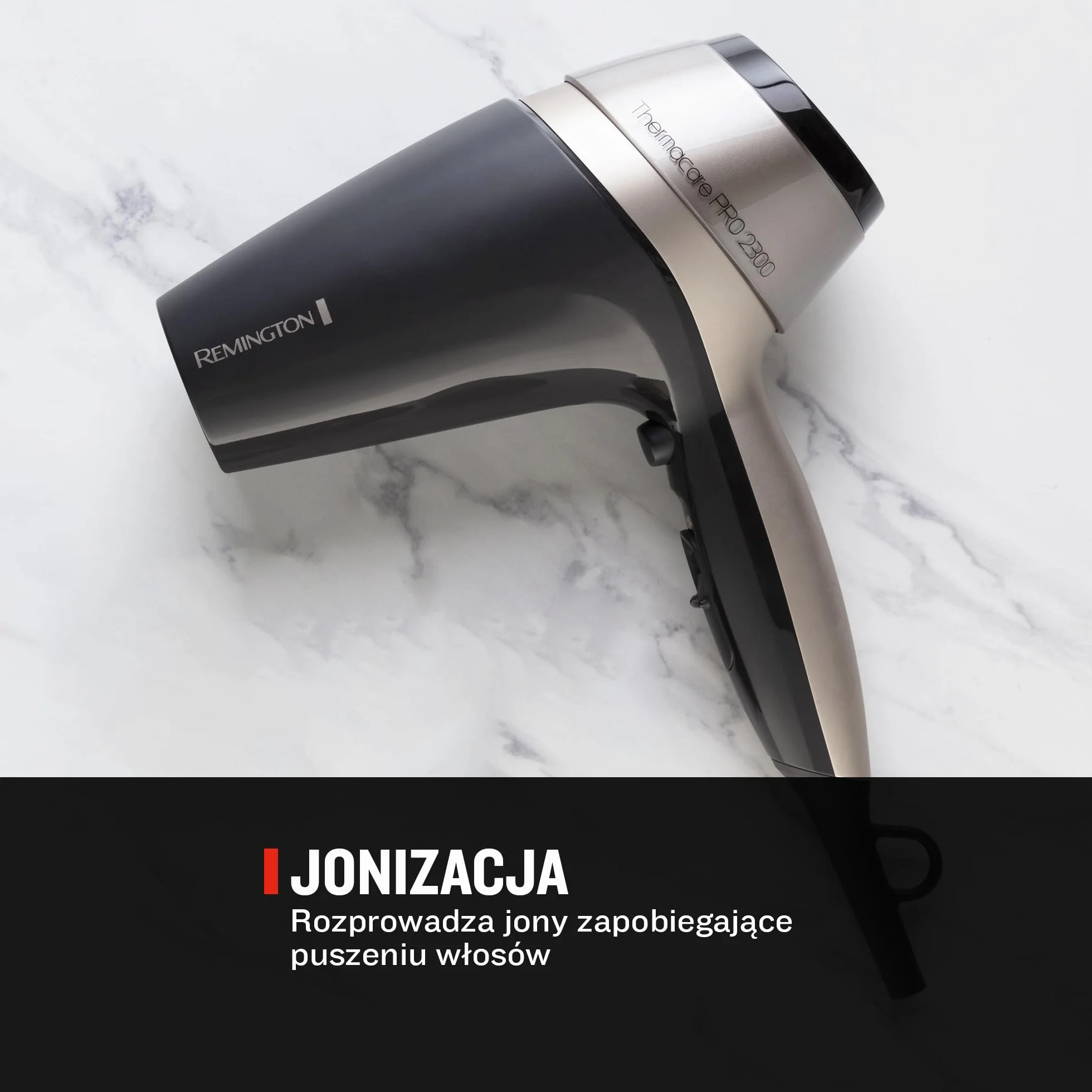 Remington suszarka do włosów, generator jonów, moc 2100W, kratka ceramiczna dla równomiernego rozprowadzenia ciepła, 3 ust. temp i 2ust. nawiewu, wąski koncentrator, dyfuzor, Thermacare PRO, D5715