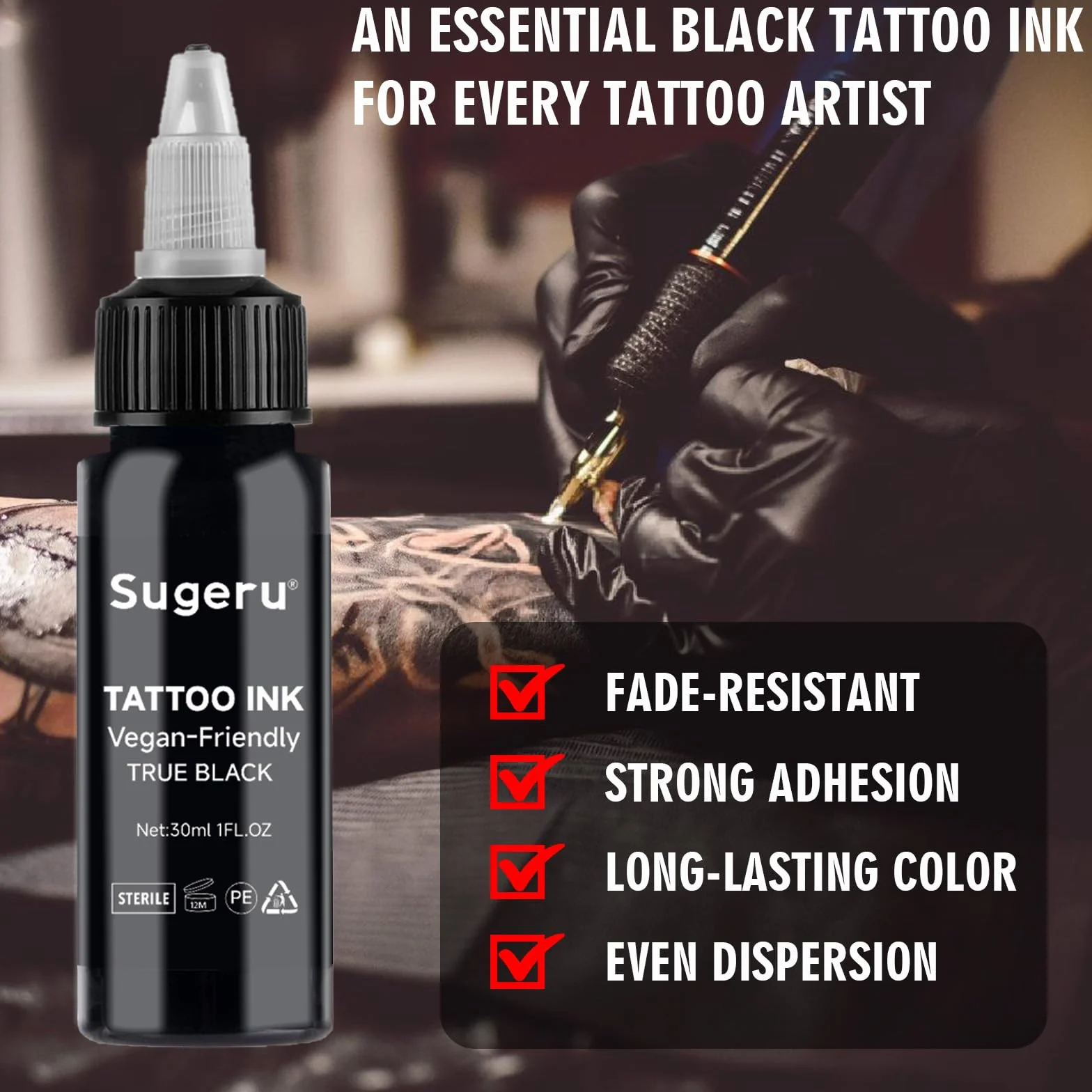 Sugeru® Kolor tatuażu Black – tusz do tatuażu, 30 ml, przyjazny dla wegan, tusz do tatuażu, kolor czarny, trwały kolor, profesjonalny tusz do tatuażu dla artystów tatuażu