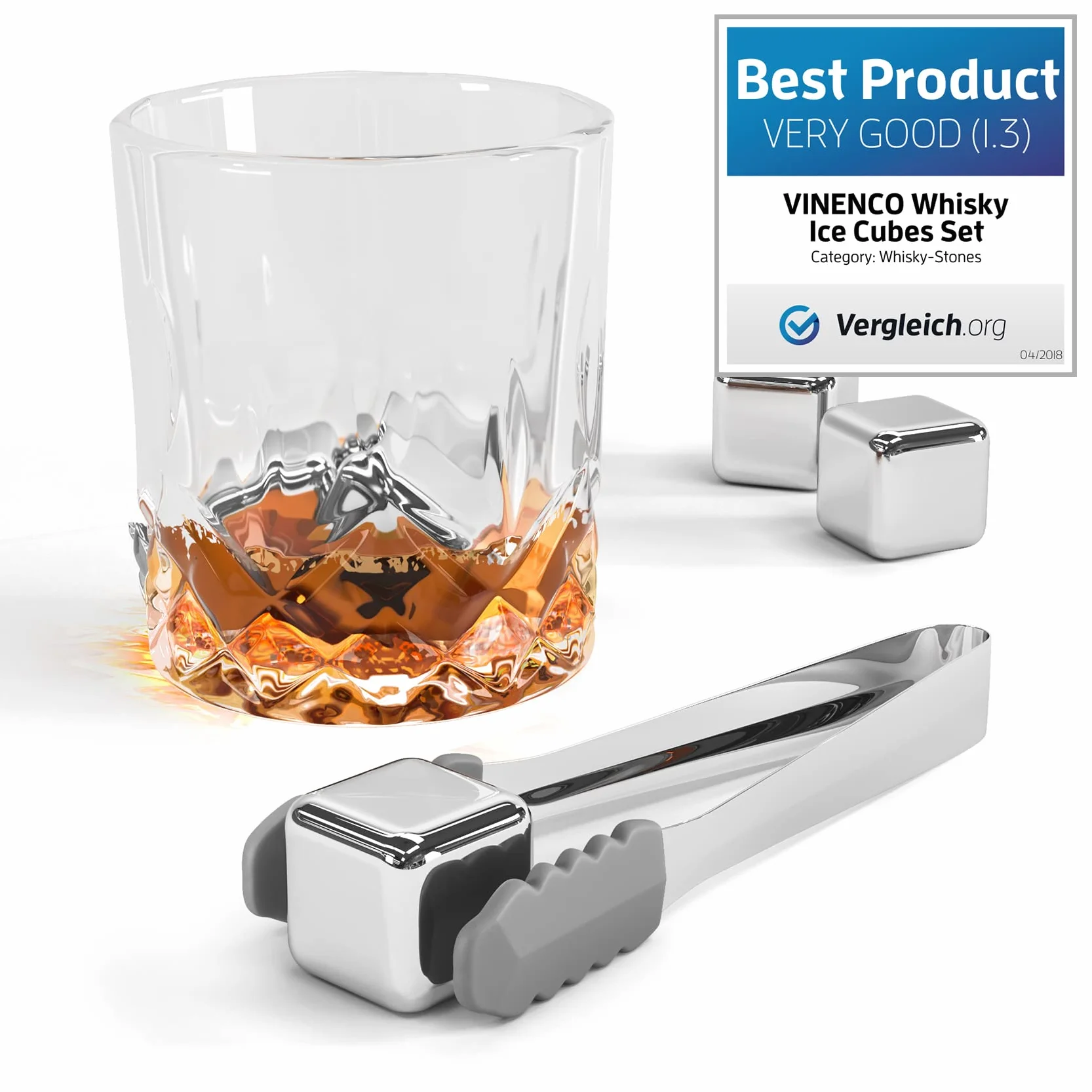 Kostki wielokrotnego użytku, do whisky ze stali nierdzewnej + szczypce + ściereczka | 8 metalowych chłodzących, akcesoria barowe Premium do wszystkich drinków, koktajli, ginu, whisky | prezent urodzinowy dla mężczyzny i kobiety (Set of 8)