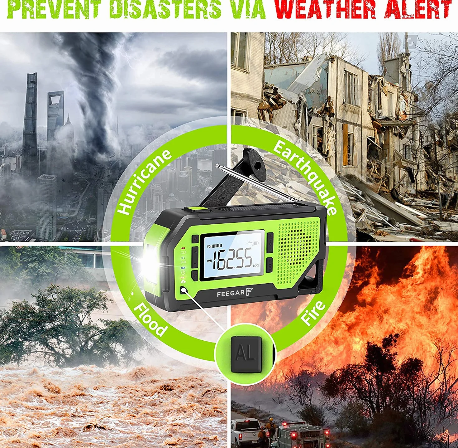 Radio z korbą Feegar Oze Pro na wypadek sytuacji awaryjnych, radio pogodowe AM/FM przenośne, survivalowe z latarką LED, powerbank 2000mAh, alarm SOS, USB, jack 3.5mm, otwieracz do butelek