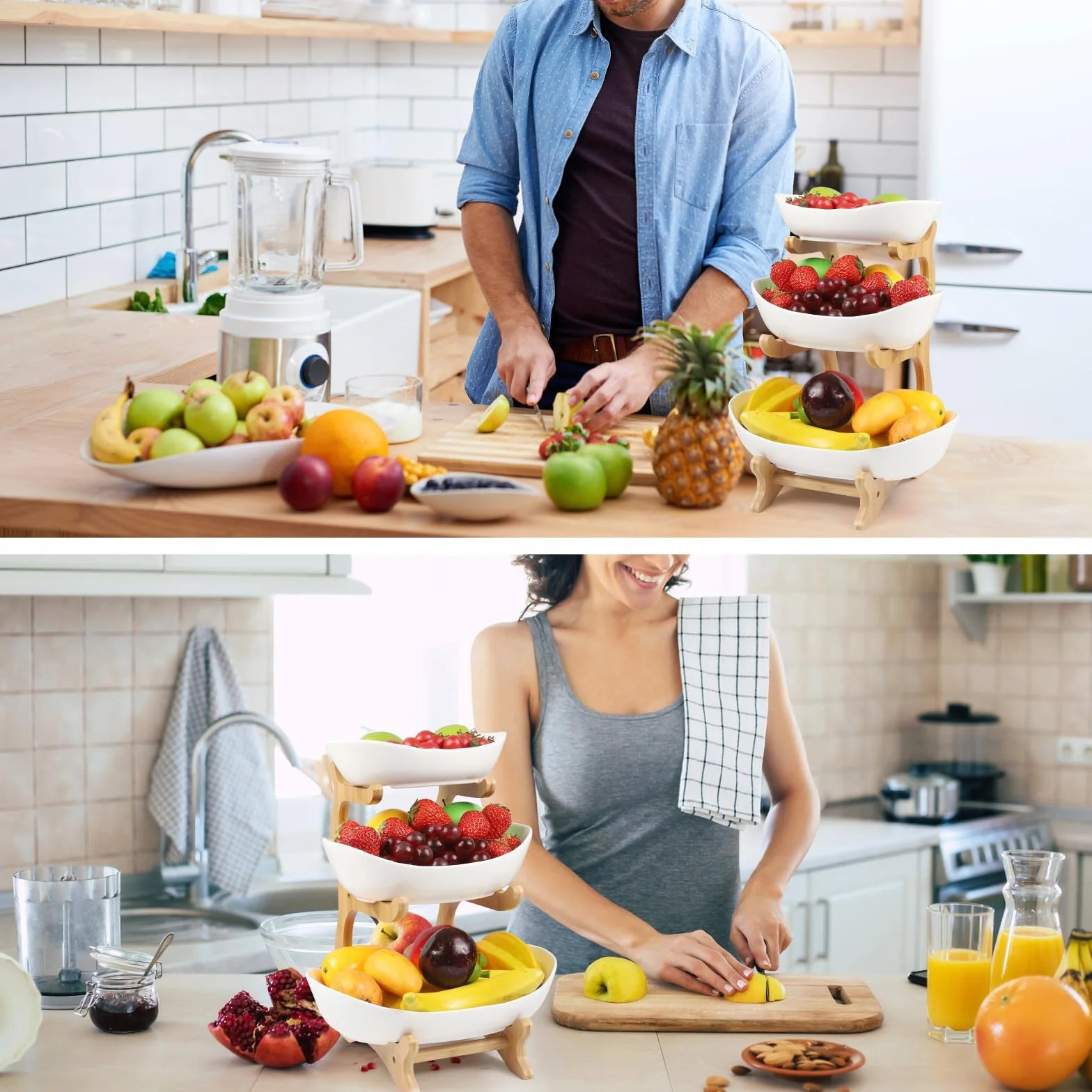 Ceramiczna etażerka na owoce 3 poziomy, stabilna, naturalny bambus, miska na warzywa