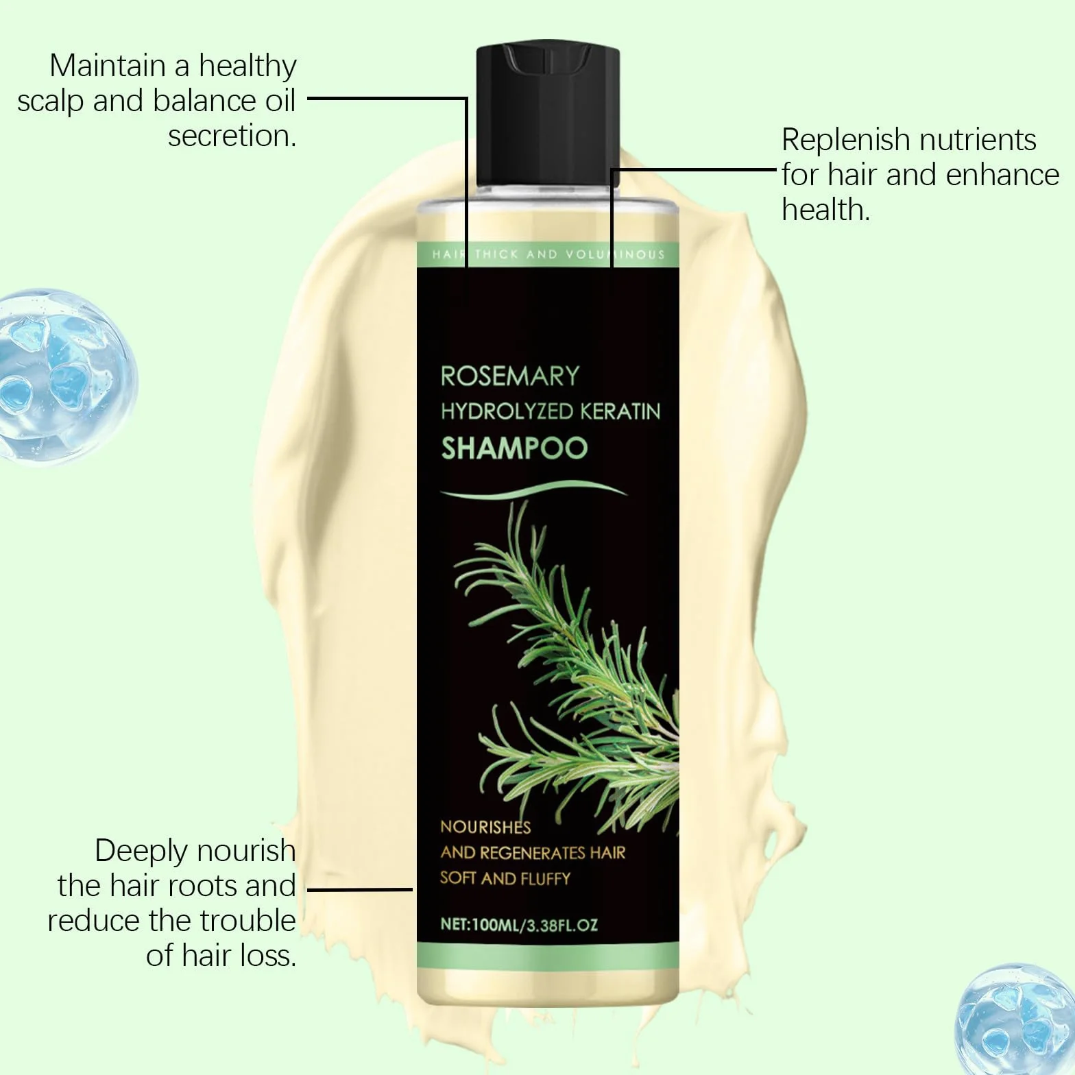 Szampon rozmarynowy do porostu włosów, organiczny szampon z rozmarynem z hydrolizowaną keratyną, naturalny szampon wzmacniający do delikatnych włosów, dla kobiet i mężczyzn (1 szt.)