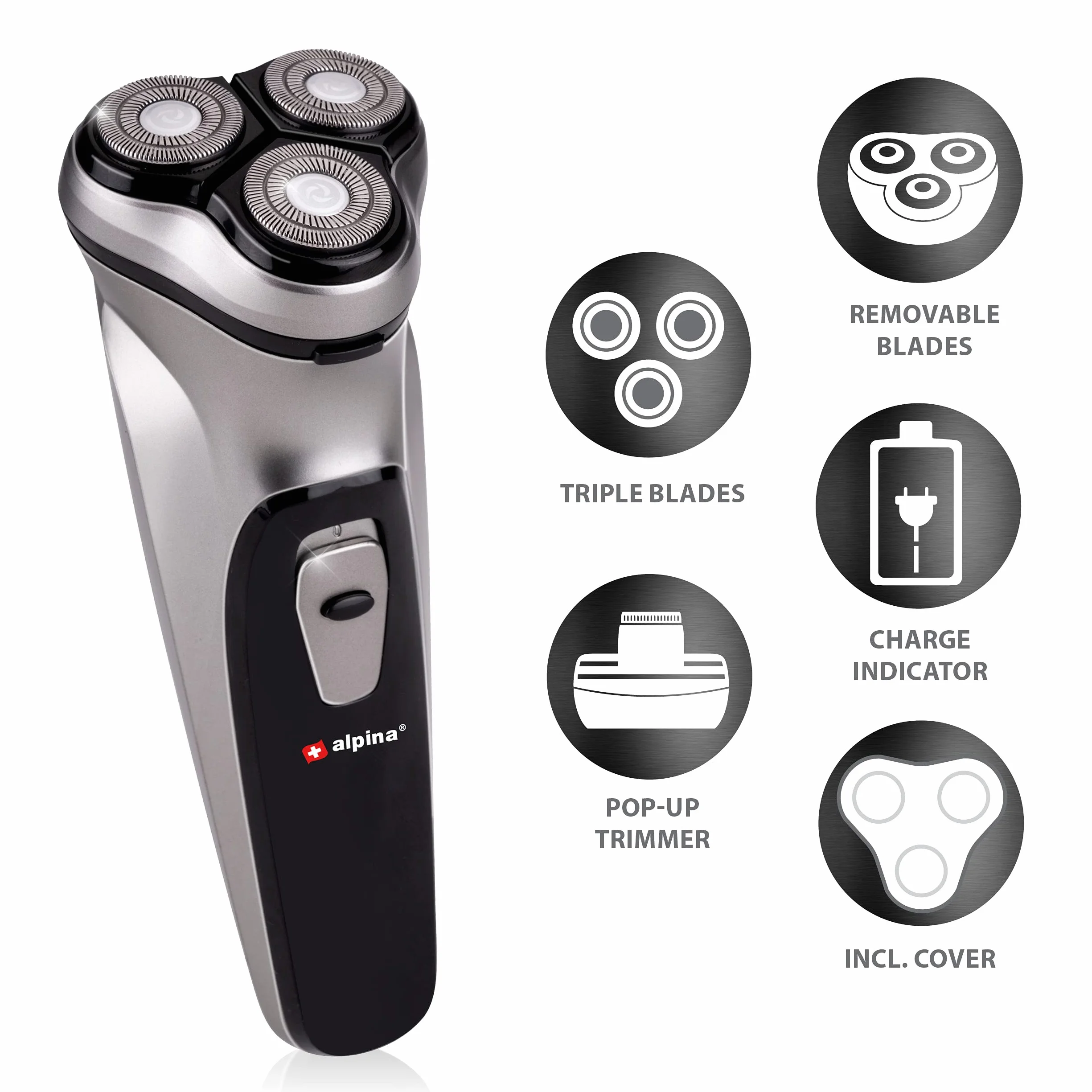 alpina Golarka męska – akumulator USB – 3 pływające głowice golące – trymer pop-up – ze szczotką do czyszczenia i nasadką ochronną – kabel USB