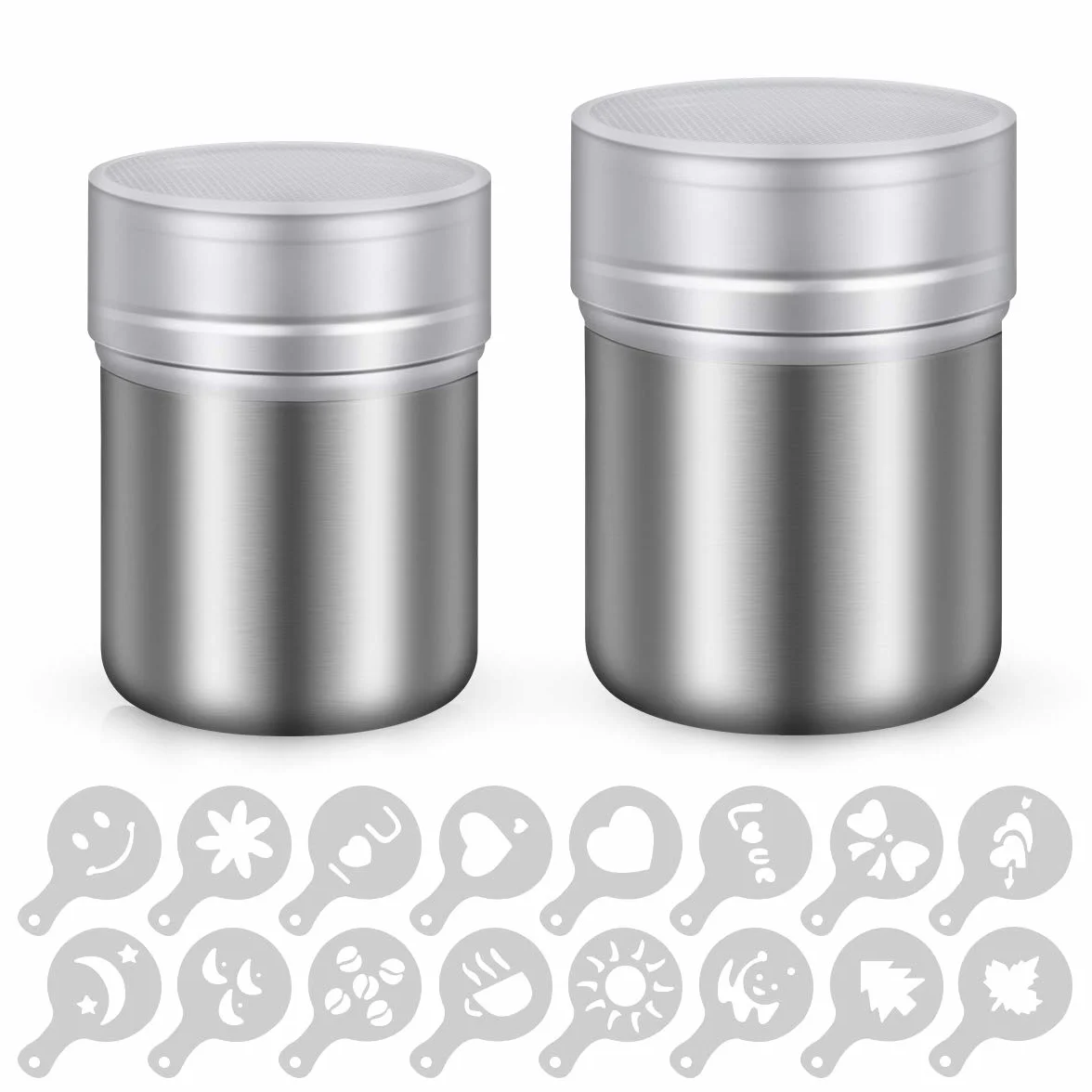 Shaker do pudru ze stali nierdzewnej, 2 sztuki, szczotka do shaker, puszka do pieczenia z szablonami 16 szt.