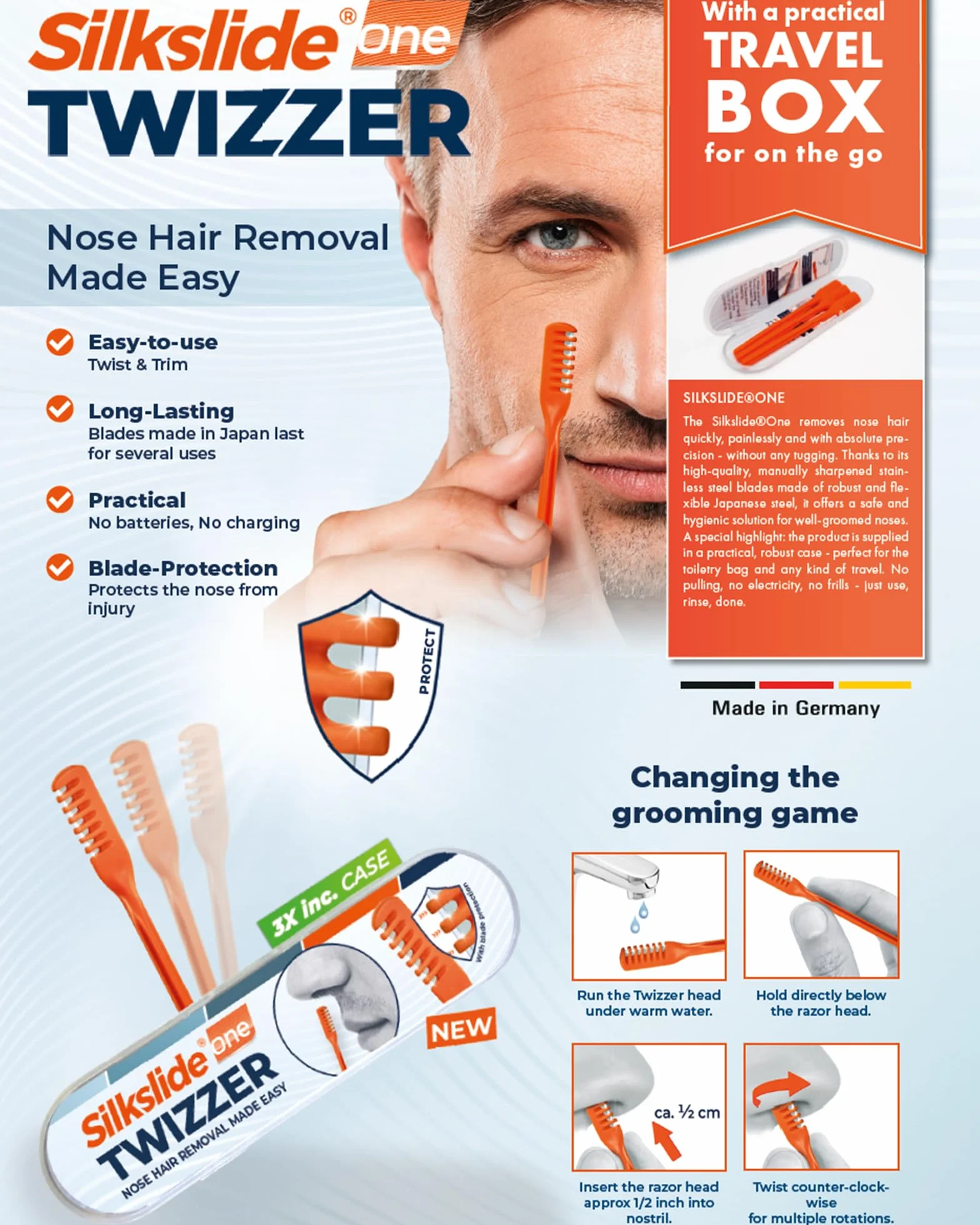 Silkslide® One TWIZZER – trymer do włosów w nosie dla mężczyzn i kobiet, kompaktowe etui podróżne, skręcanie i przycinanie, usuwanie owłosienia z nosa, japońskie ostrza premium, bez prądu i baterii